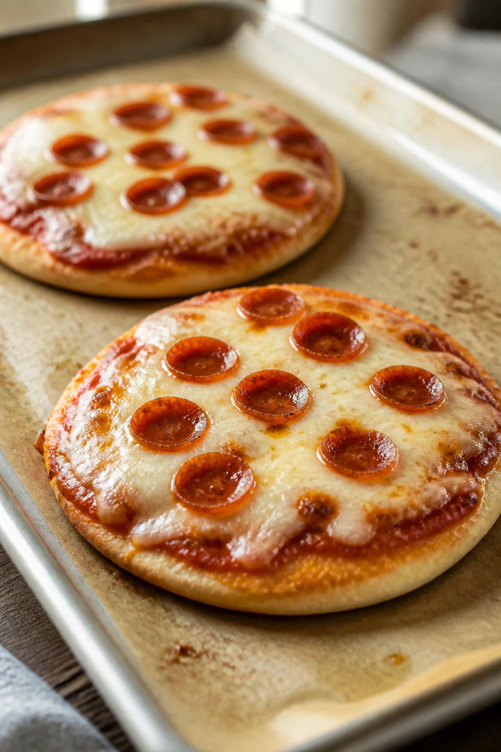 Close-up of pita pizzas with mozzarella and pepperoni on a sheet pan in a bright kitchen