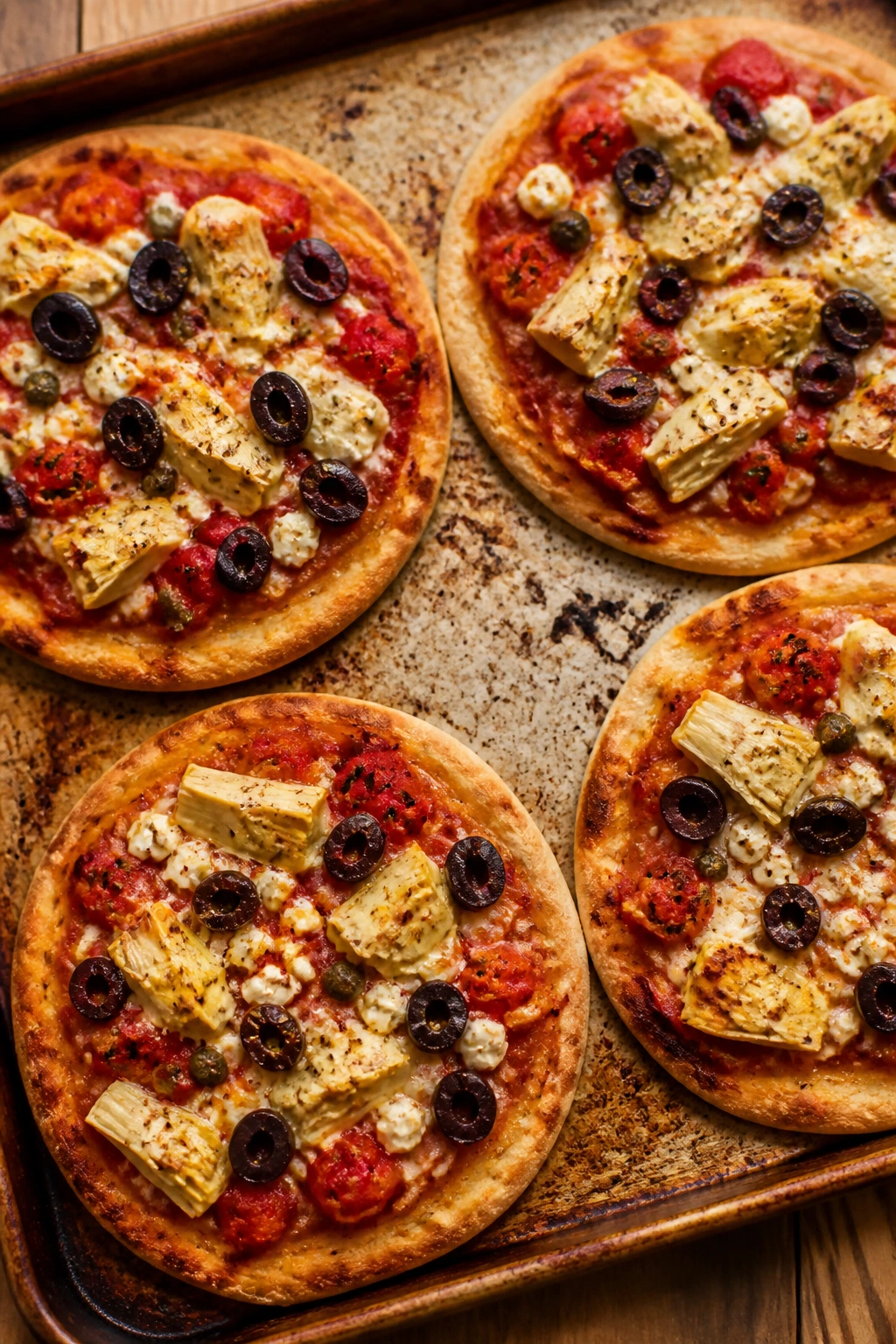 Top-down view of pita pizzas with olives and artichokes on a baking sheet