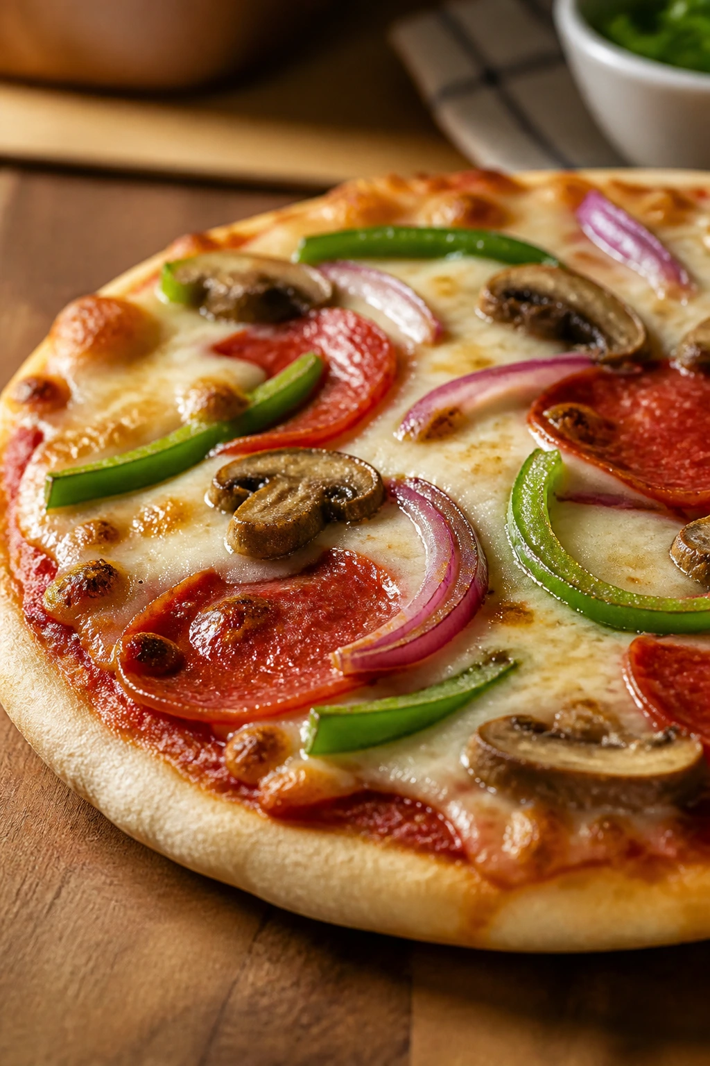 Close-up of a personal pita pizza with bubbling cheese