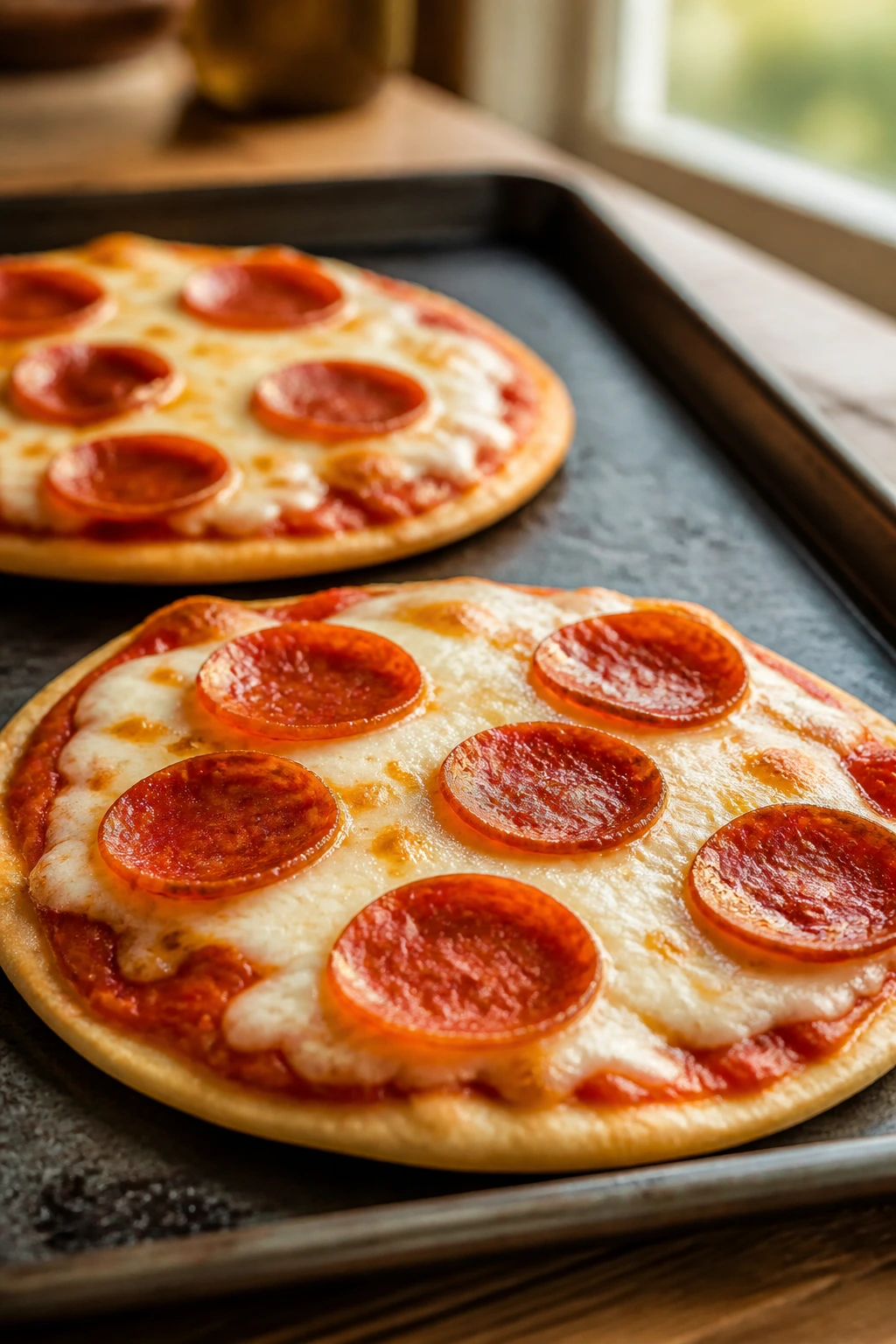 Close-up of crispy pita pizzas with sauce and cheese on a baking sheet