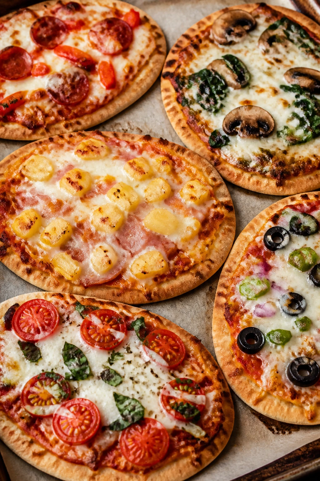 Close-up of pita pizzas on a sheet pan in a warm kitchen