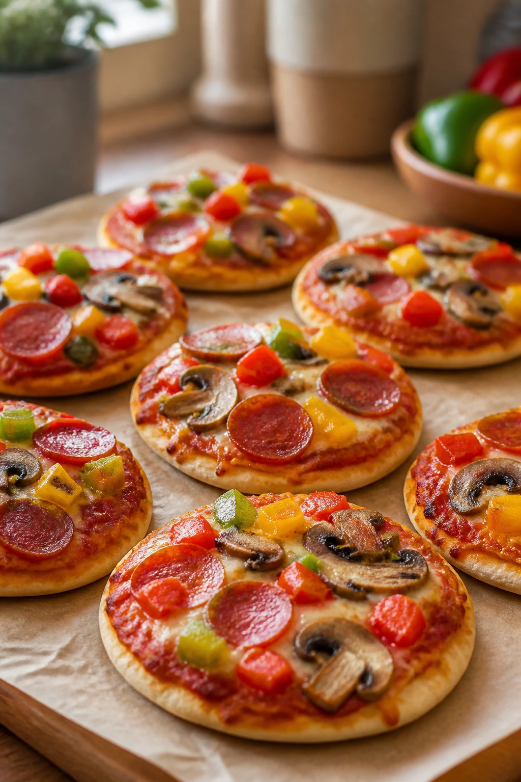 Close-up of mini pita pizzas with three toppings on a wooden board