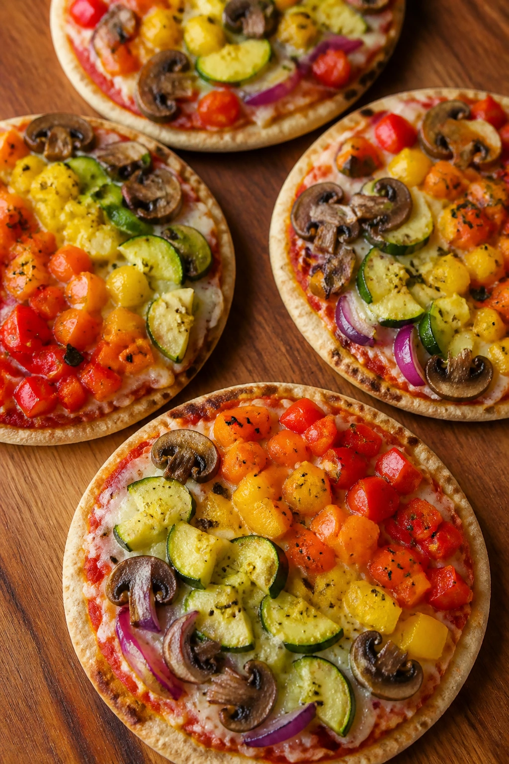Close-up of rainbow veggie pita pizzas with colorful toppings