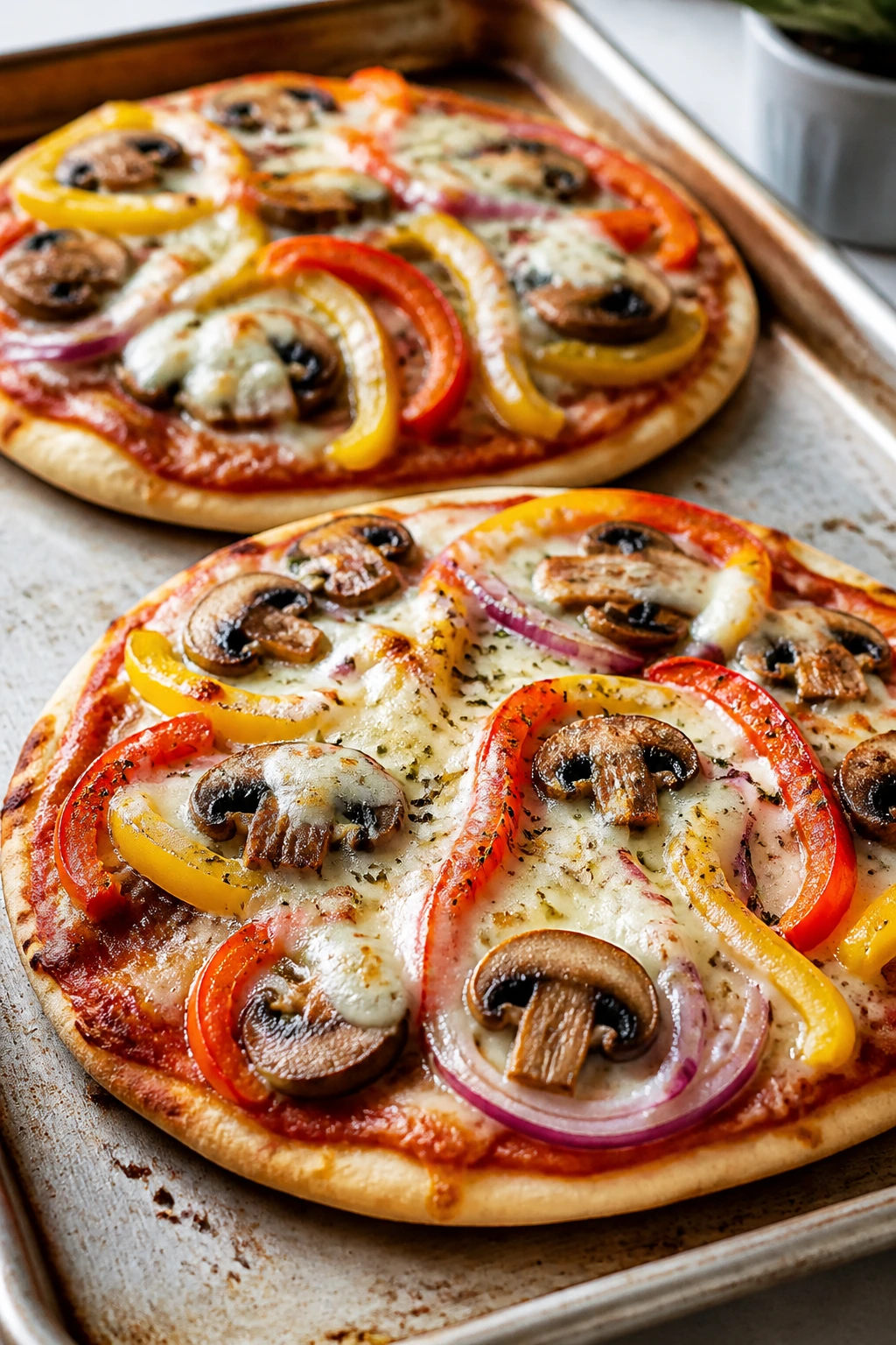 Close-up of Veggie Pita Pizzas on a baking sheet