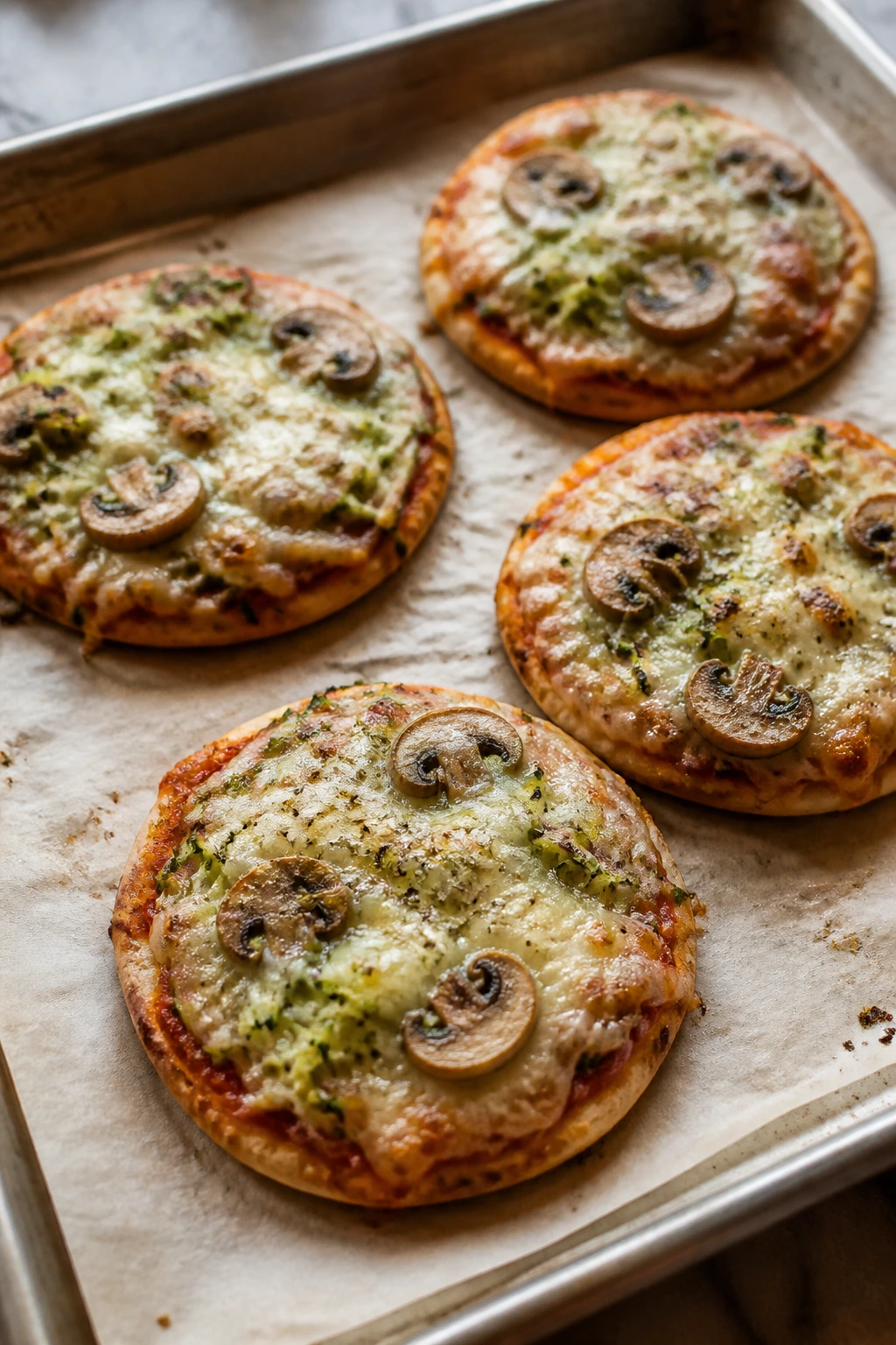 Close-up of mini pita pizzas with hidden shredded zucchini melted into cheese