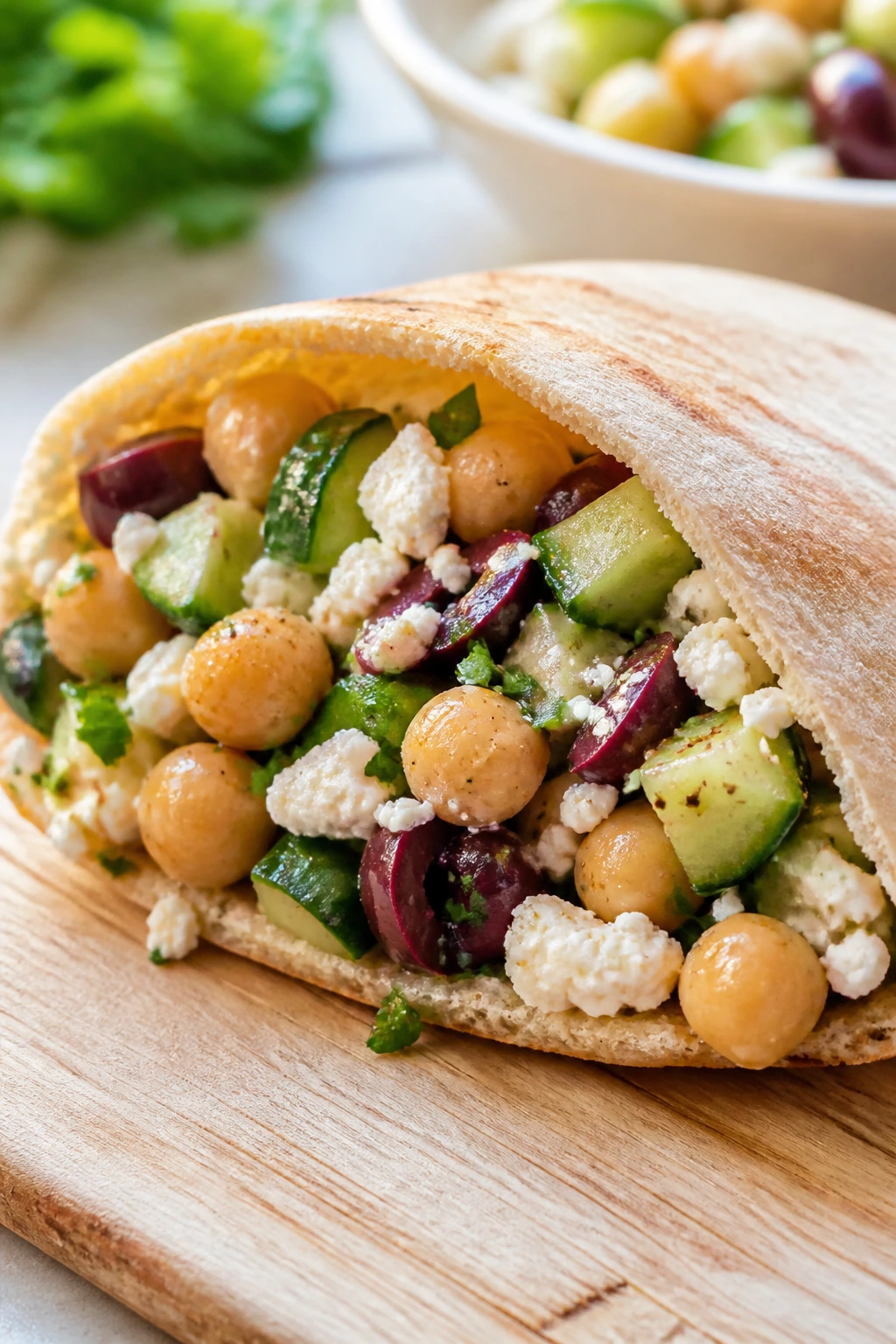 Close-up of chickpea pita pocket stuffed with cucumber, feta, olives and herbs