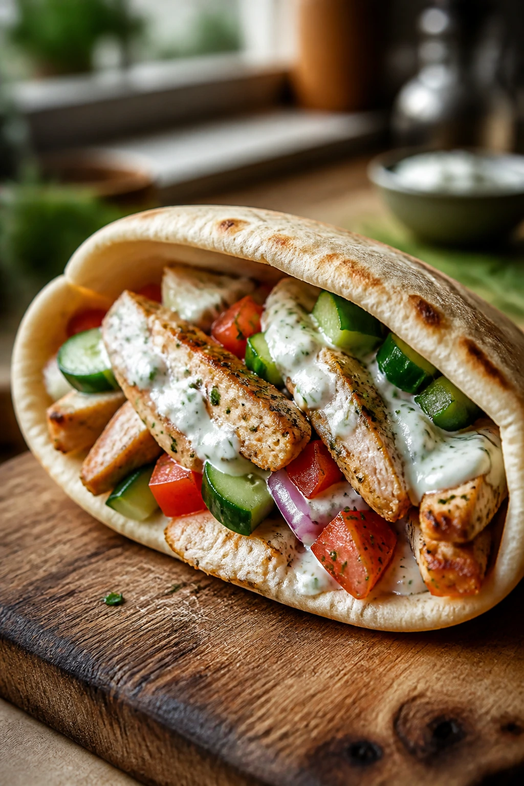 Close-up of a stuffed Greek chicken pita pocket with cucumber and yogurt sauce on a rustic cutting board