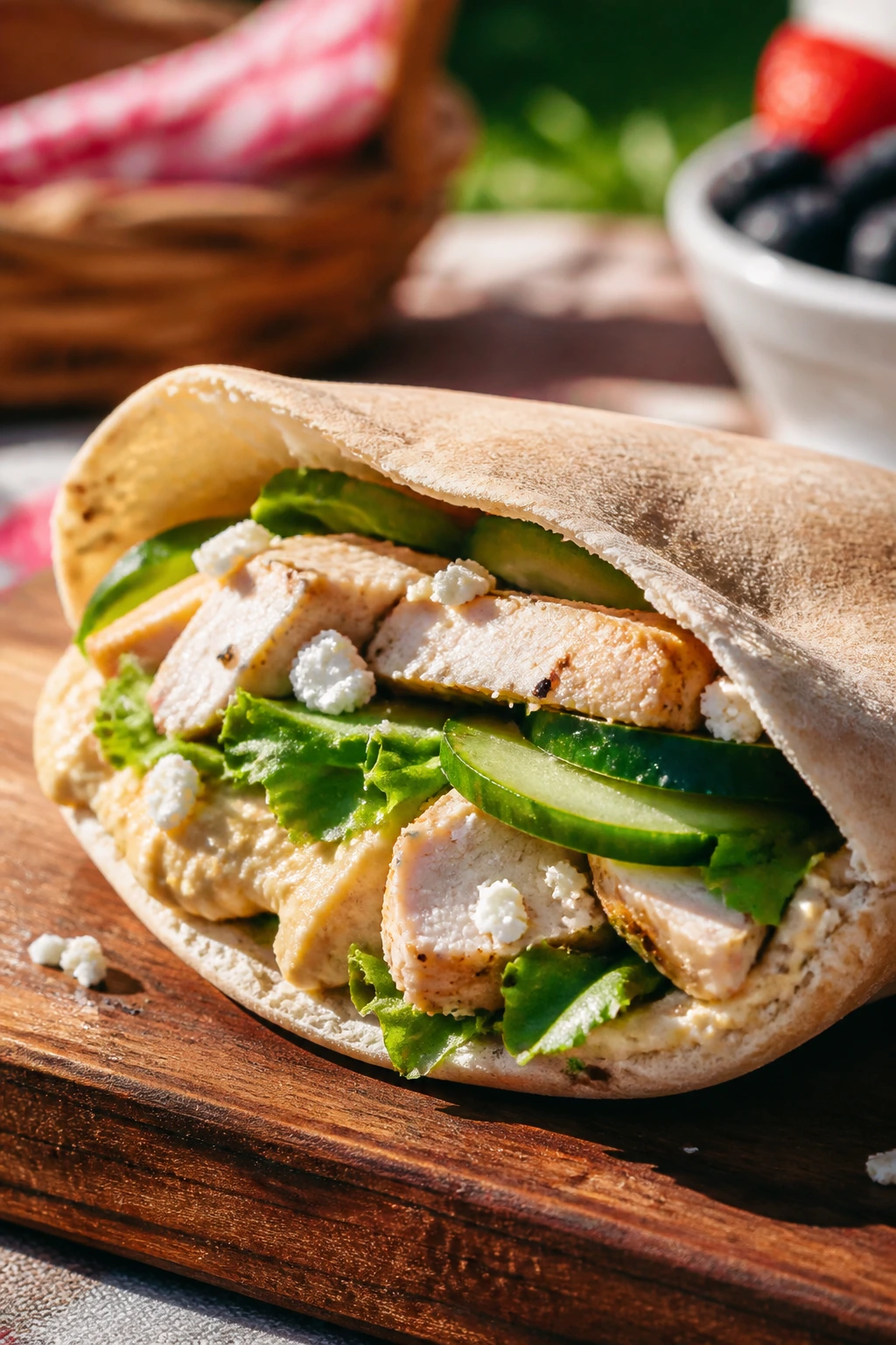 Half-open pita pocket filled with hummus and veggies outdoors