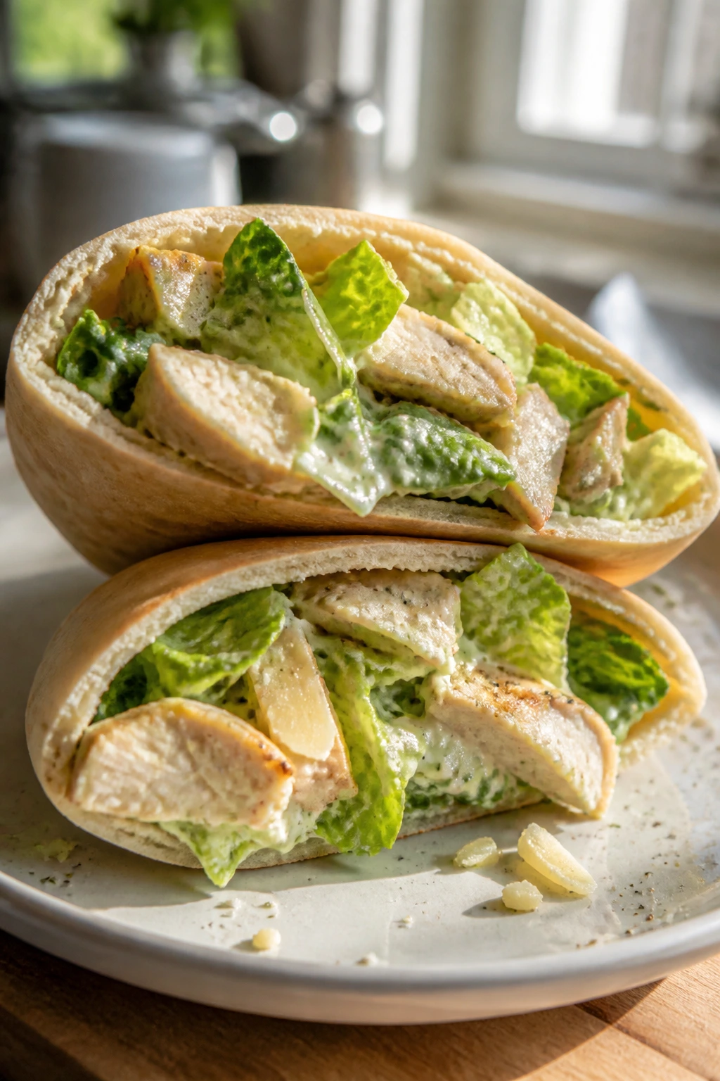 Stuffed chicken Caesar pita pocket on a plate in a sunlit kitchen