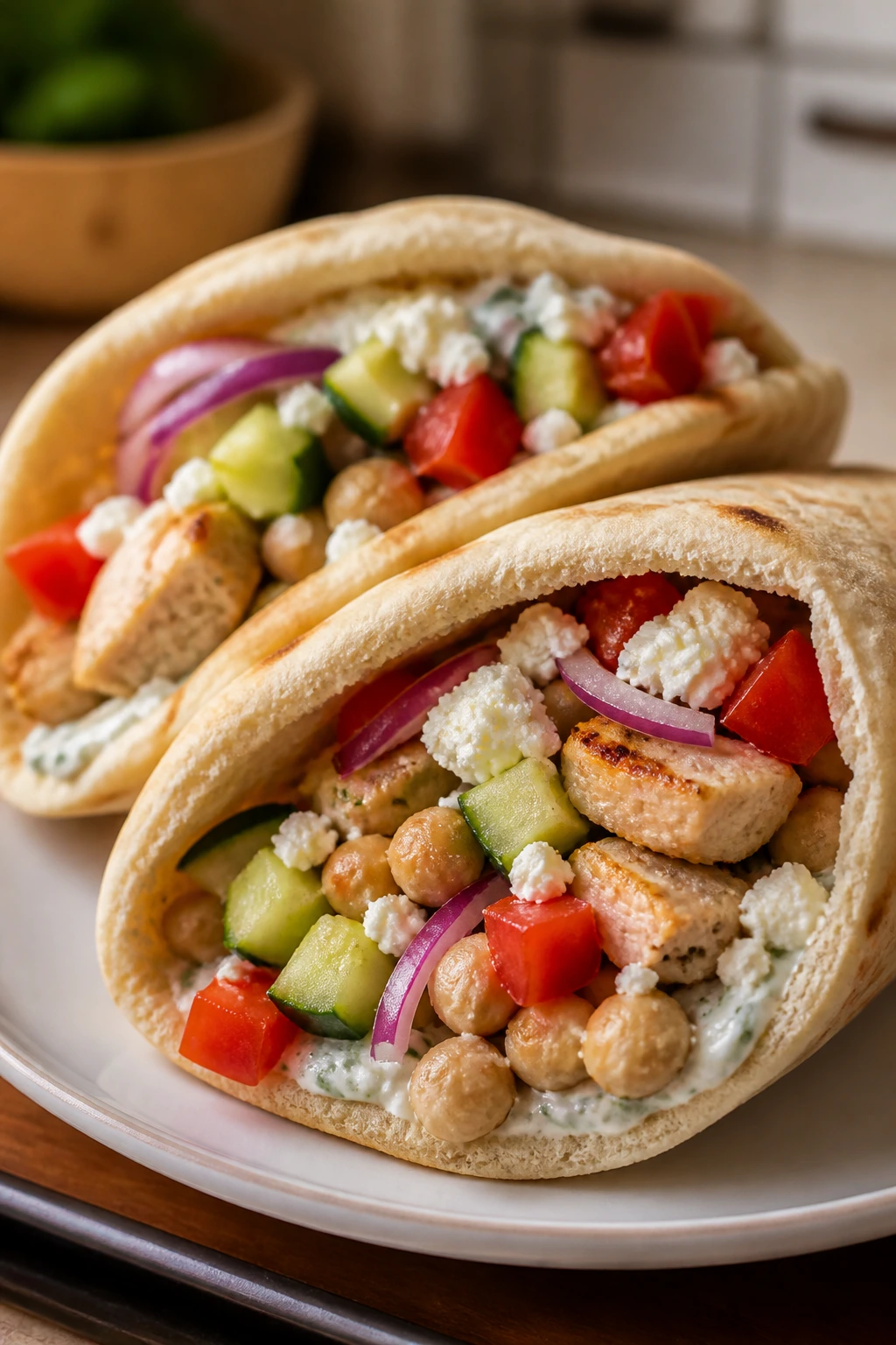 Open Greek pita pockets filled with cucumber, tomato and feta on a plate