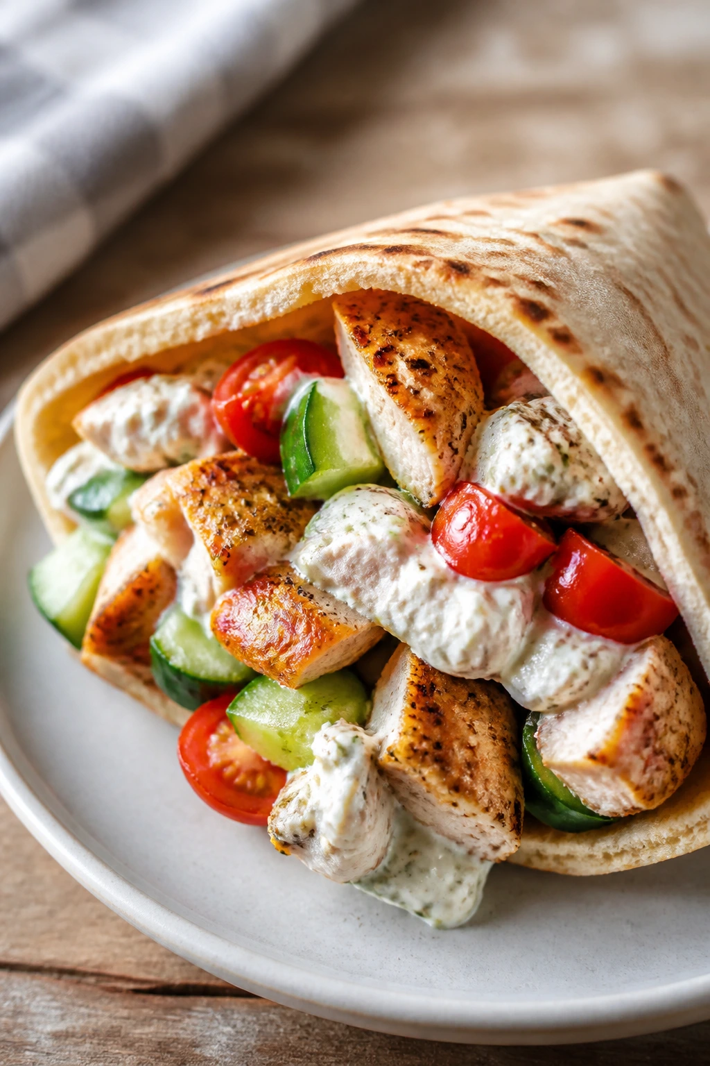 Close-up of a Greek chicken pita pocket filled with cucumber, tomato, and yogurt