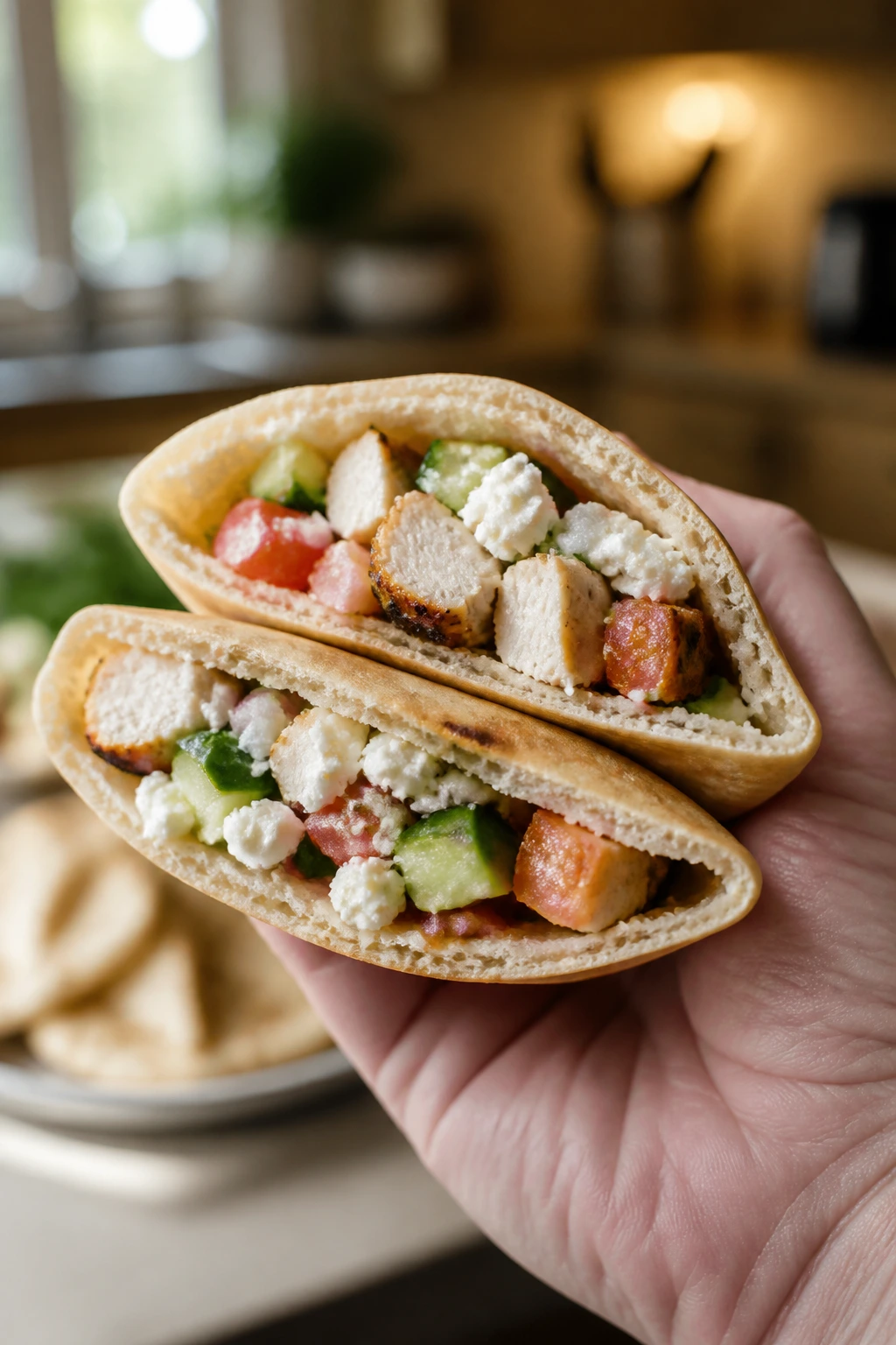 Close-up of a pita pocket filled with chicken and vegetables held in a hand.