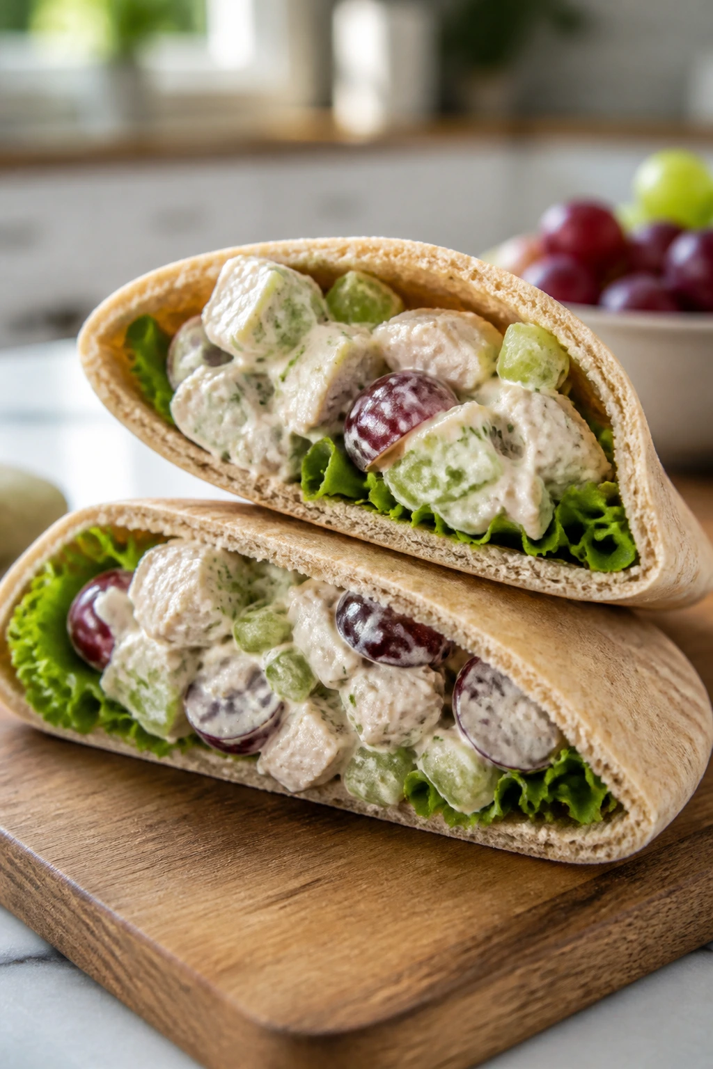 Halved pita pocket with chicken salad filling and grapes