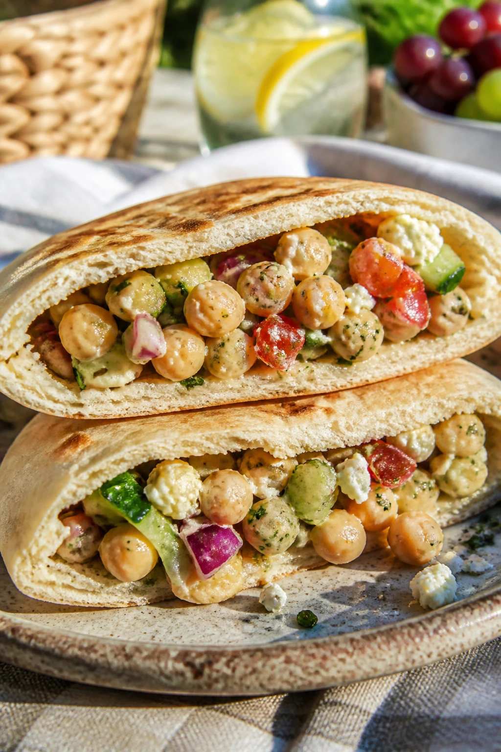 Halved pita pocket with Greek chickpea salad filling outdoors