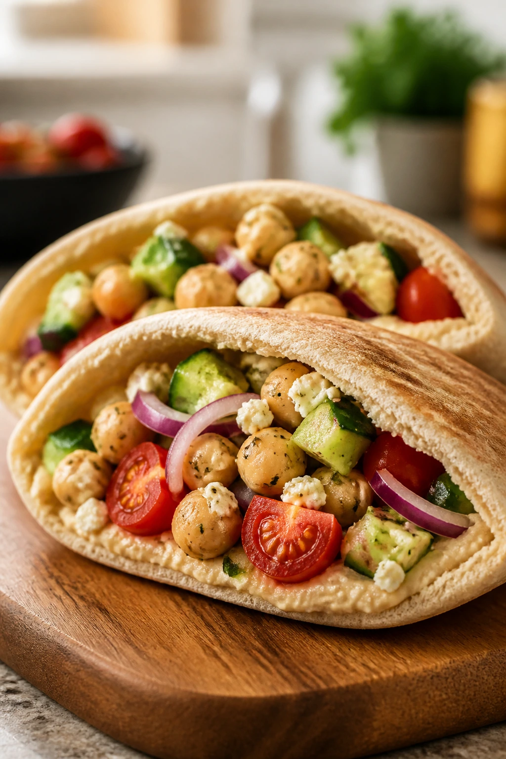 Close-up of Mediterranean chickpea pita pocket with cucumber, tomatoes, feta, and hummus inside
