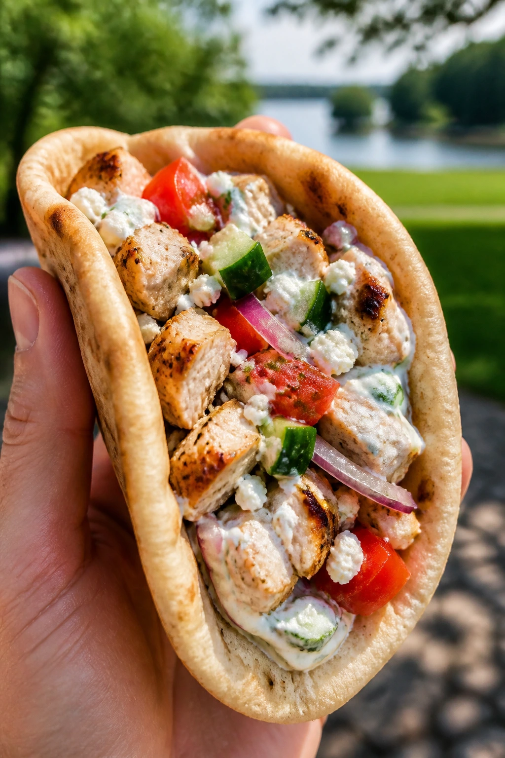 Close-up of Greek chicken pita pocket filled with tzatziki and veggies held in hand