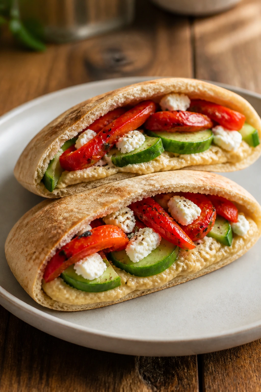 Pita pockets filled with hummus cucumber and roasted pepper