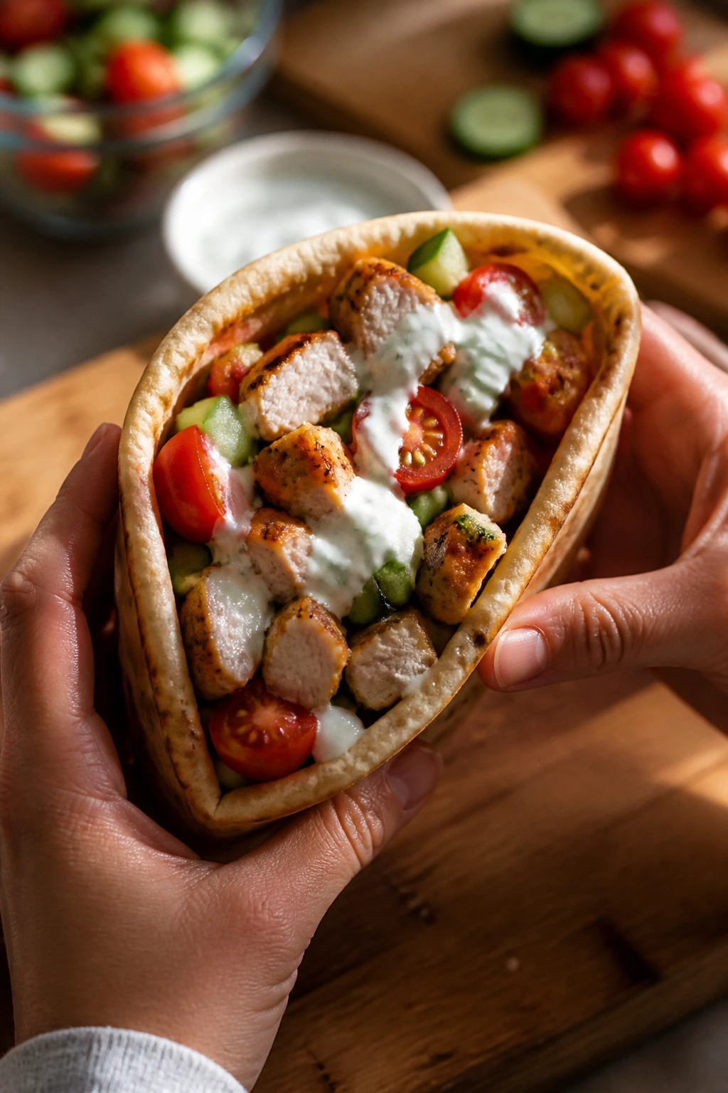 Hands holding a Greek chicken pita pocket filled with chicken, cucumber, and tomatoes.