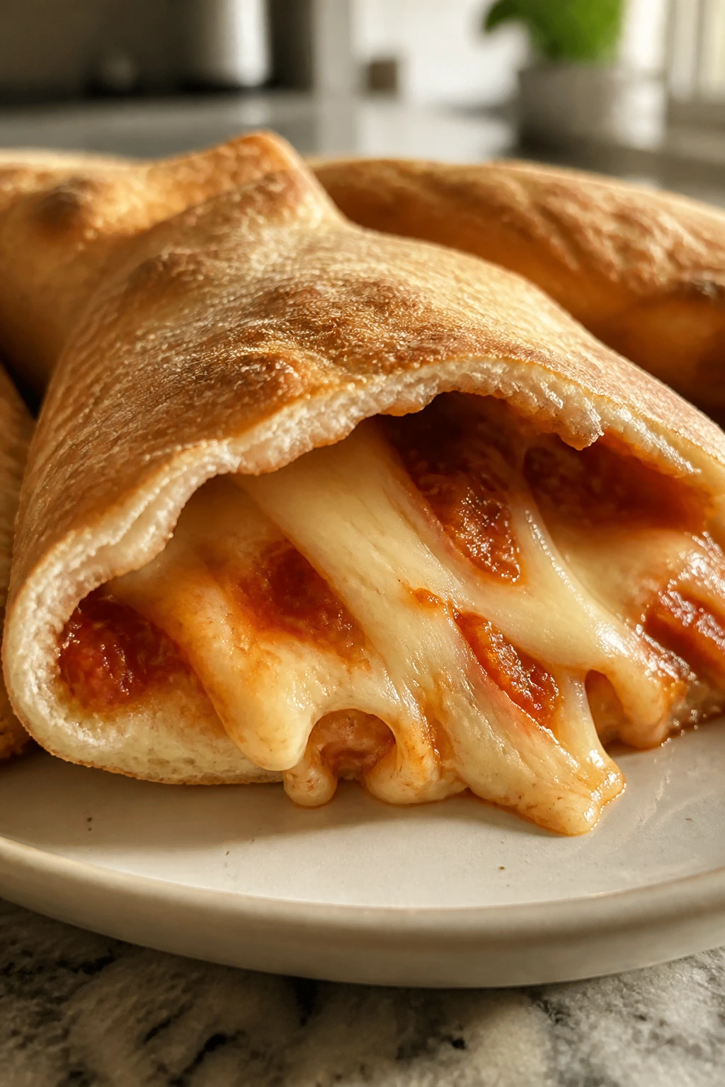 Close-up of a pita pocket opened to reveal melted mozzarella and sauce