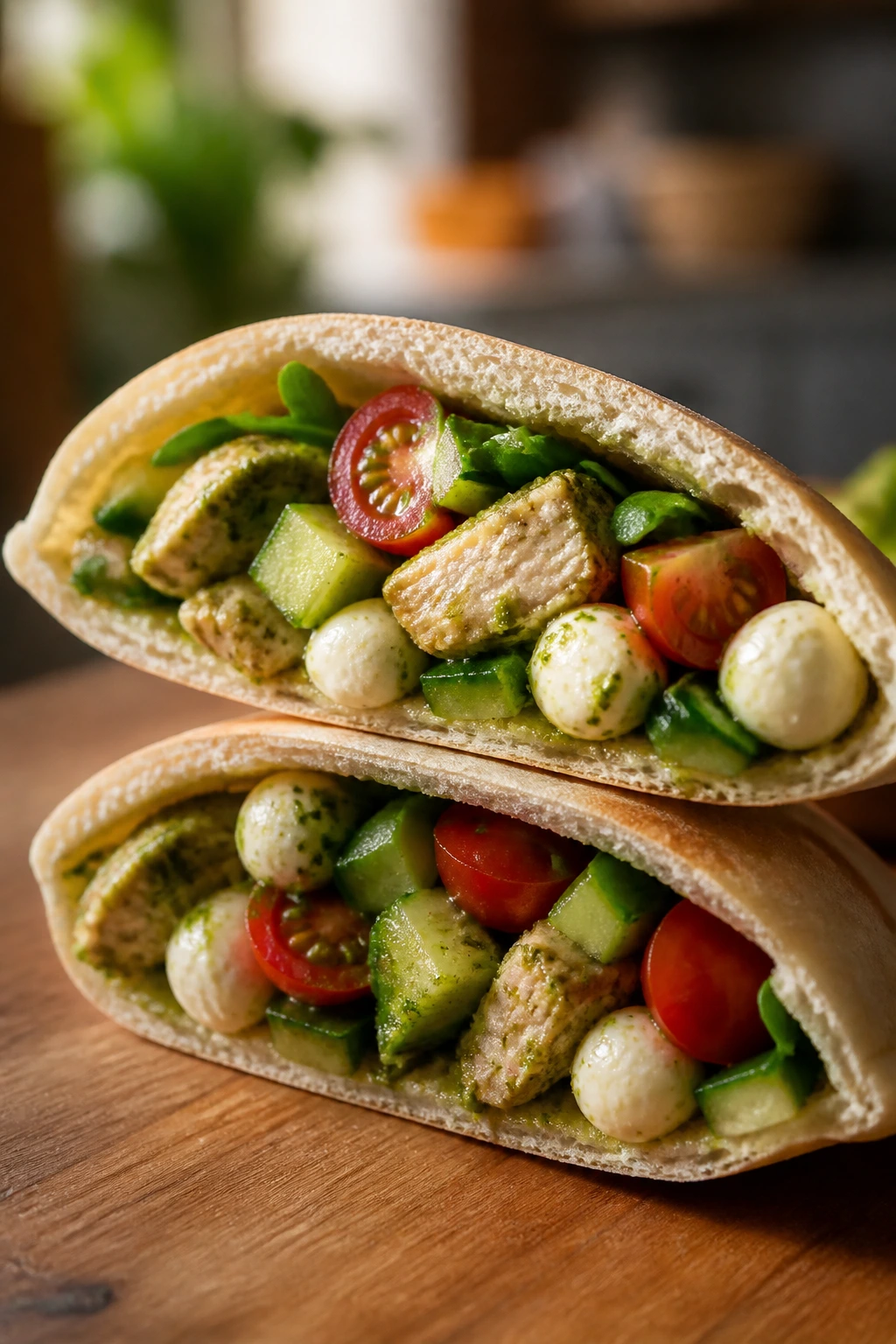 Close-up of pesto chicken pita pocket filling with tomatoes and cucumber