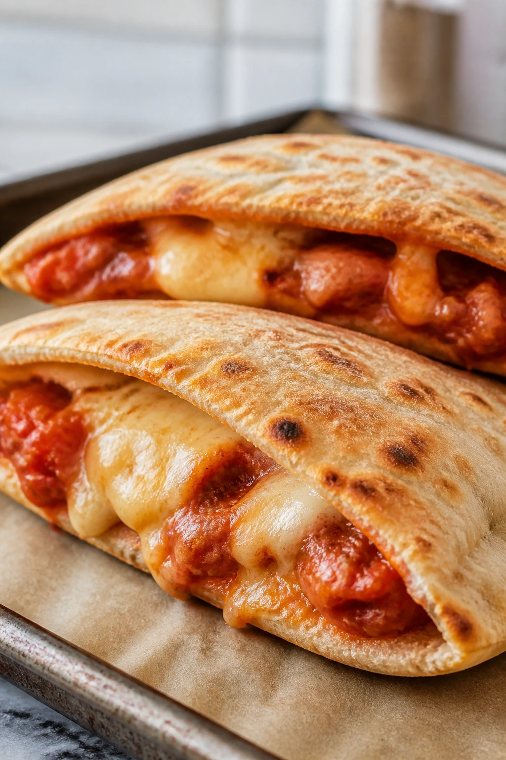 Close-up of pizza-stuffed pita pockets with melted cheese
