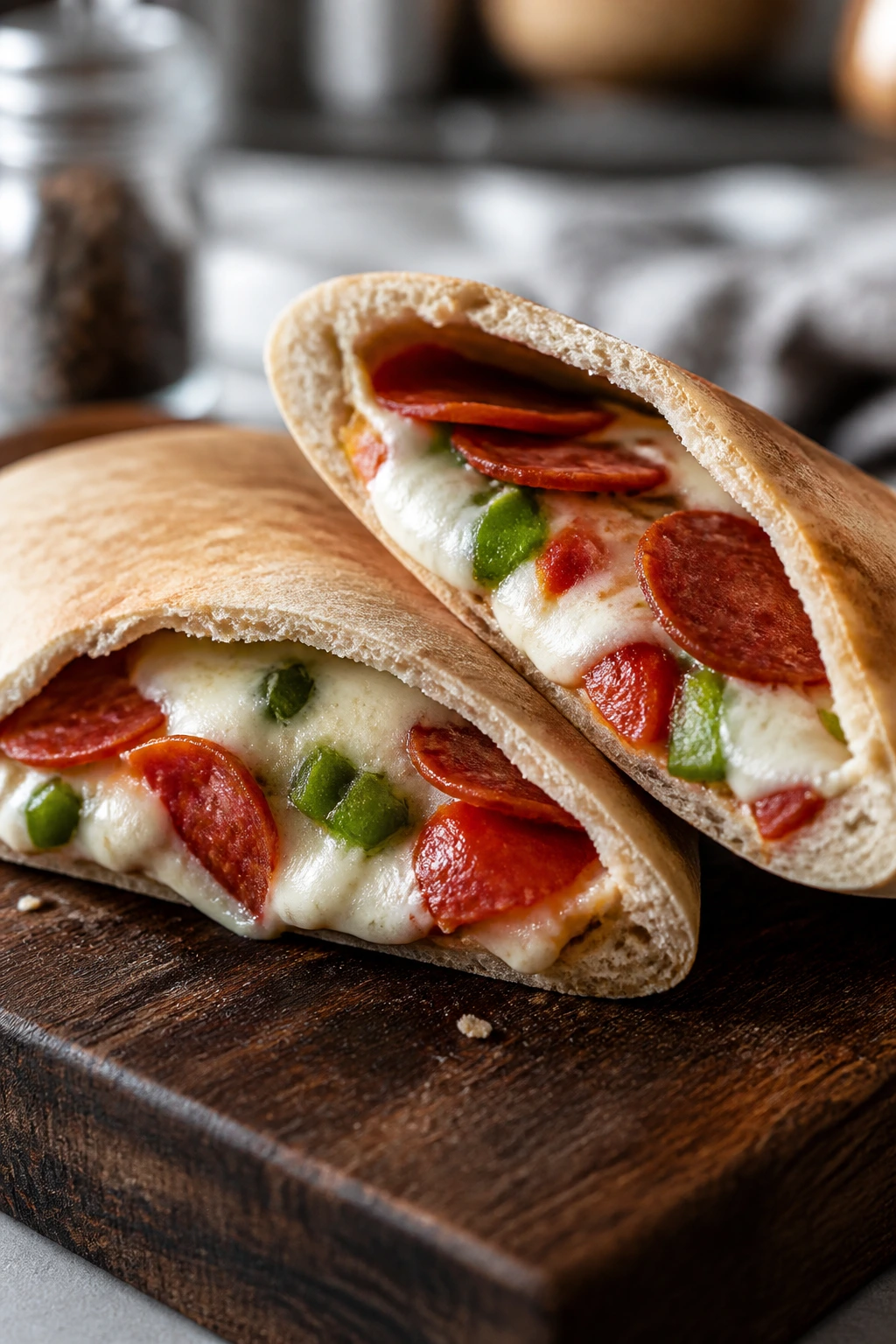Open pita pocket with melted cheese and pepperoni on a dark board