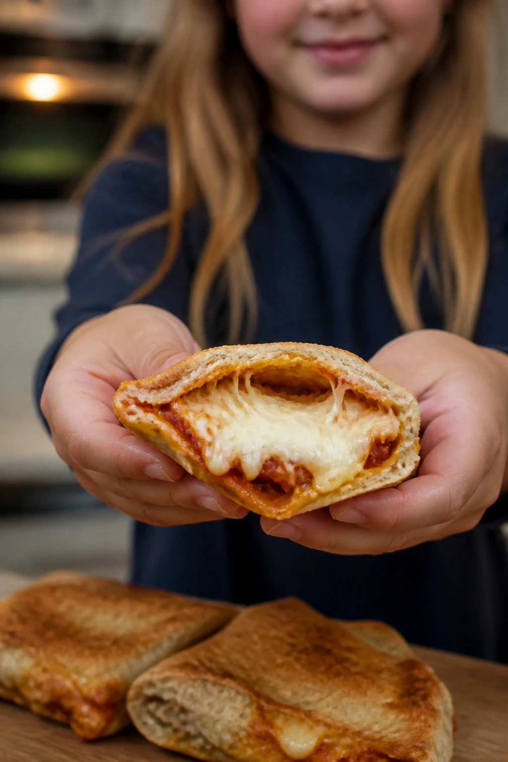 Close-up of a pizza pita pocket with sauce and cheese.