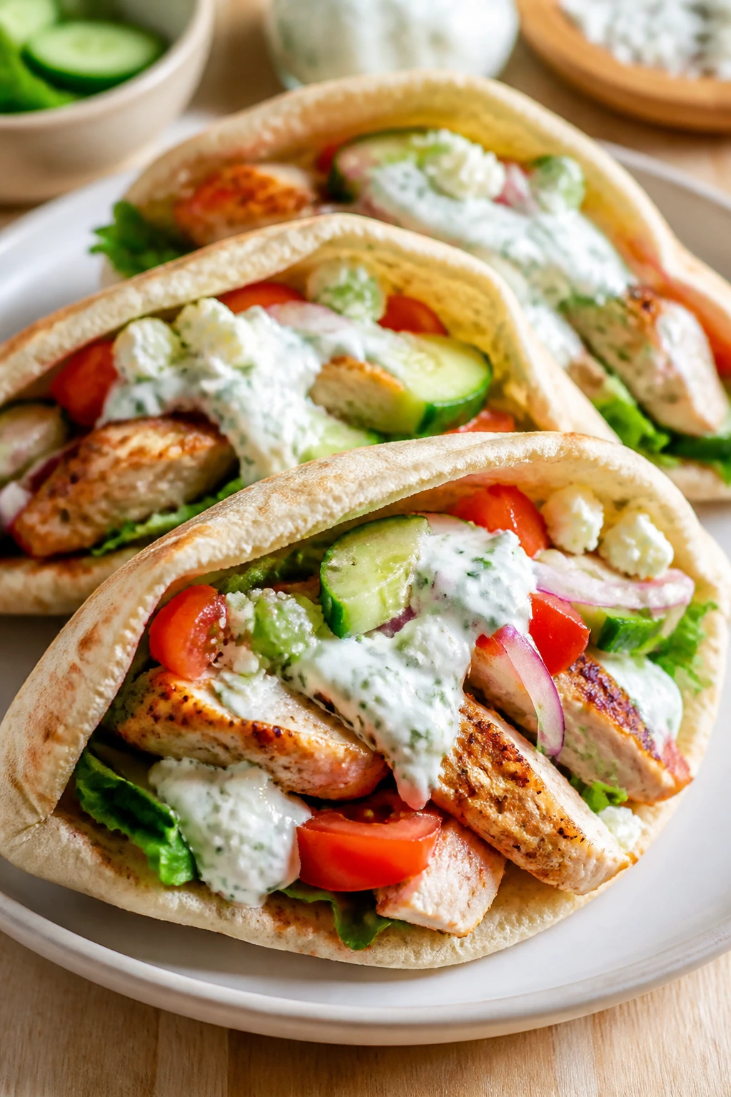 Close-up of Greek chicken pita pockets with tzatziki