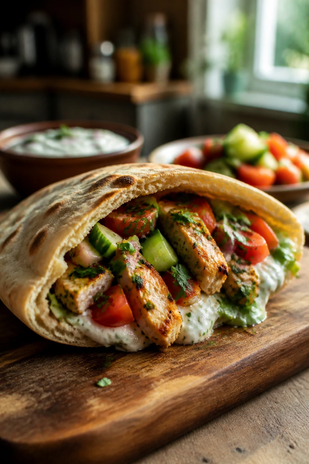 Close-up of warm pita half with colorful fillings on a rustic board