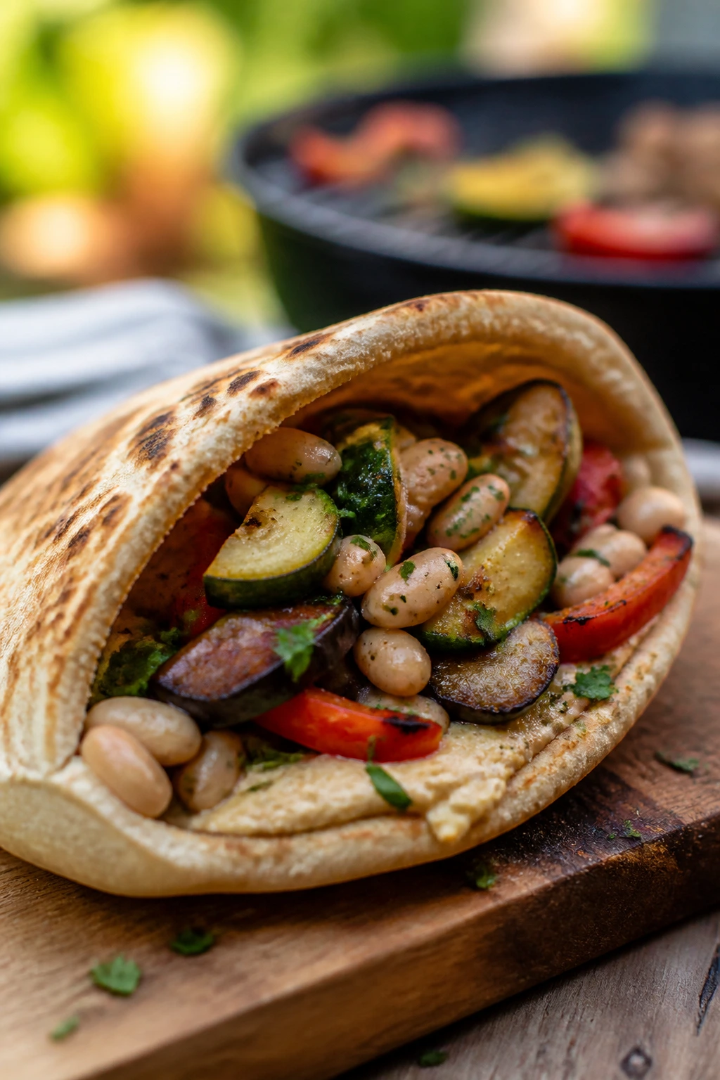 Close-up of pita stuffed with grilled vegetables, white beans, and hummus