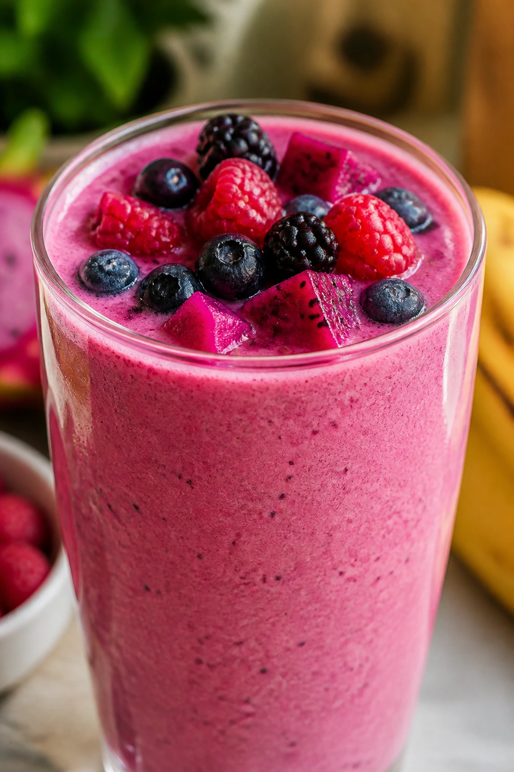 Close-up of vibrant pink pitaya smoothie in a clear glass with fresh berries on top