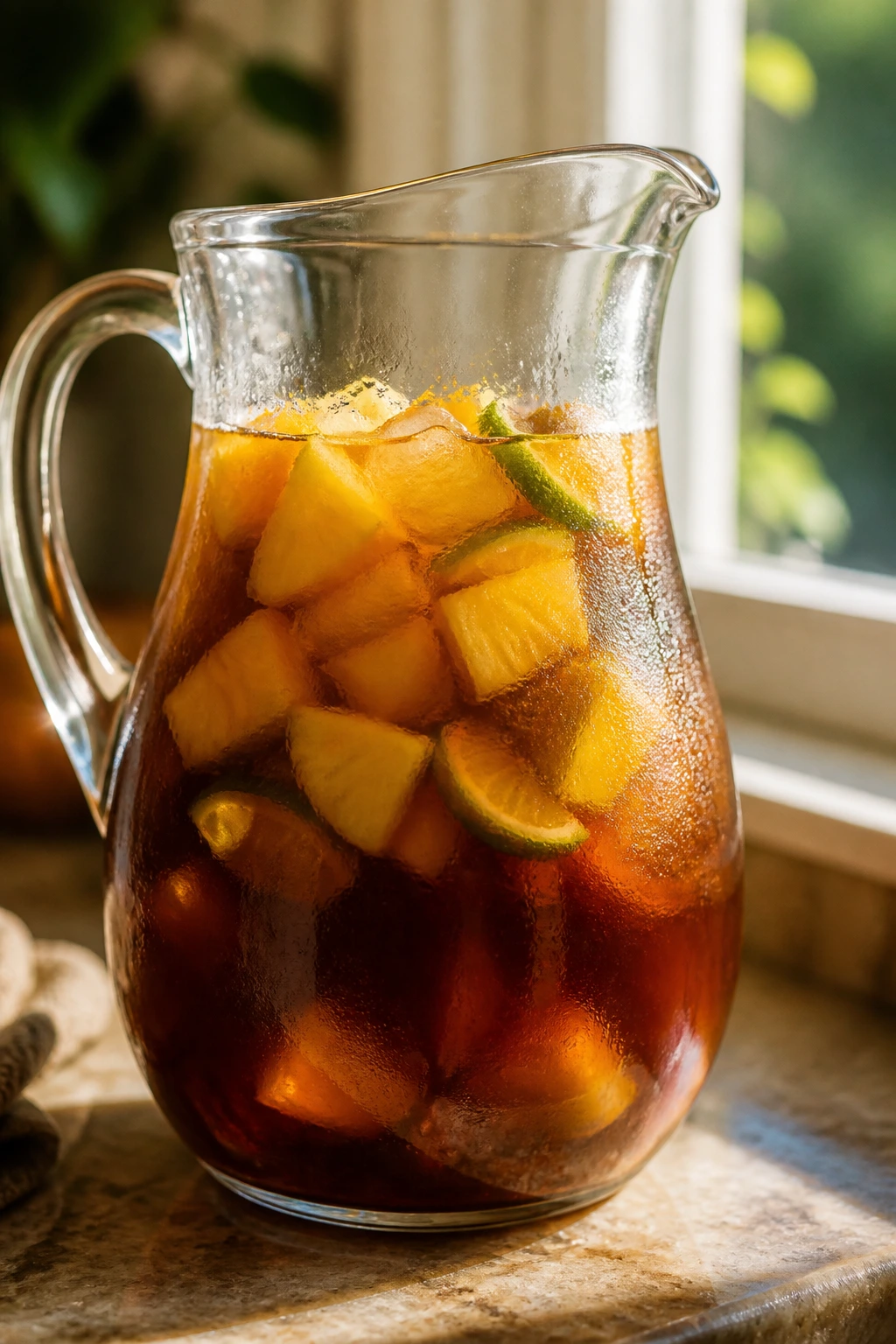 Pitcher with tropical iced tea chilling on kitchen counter
