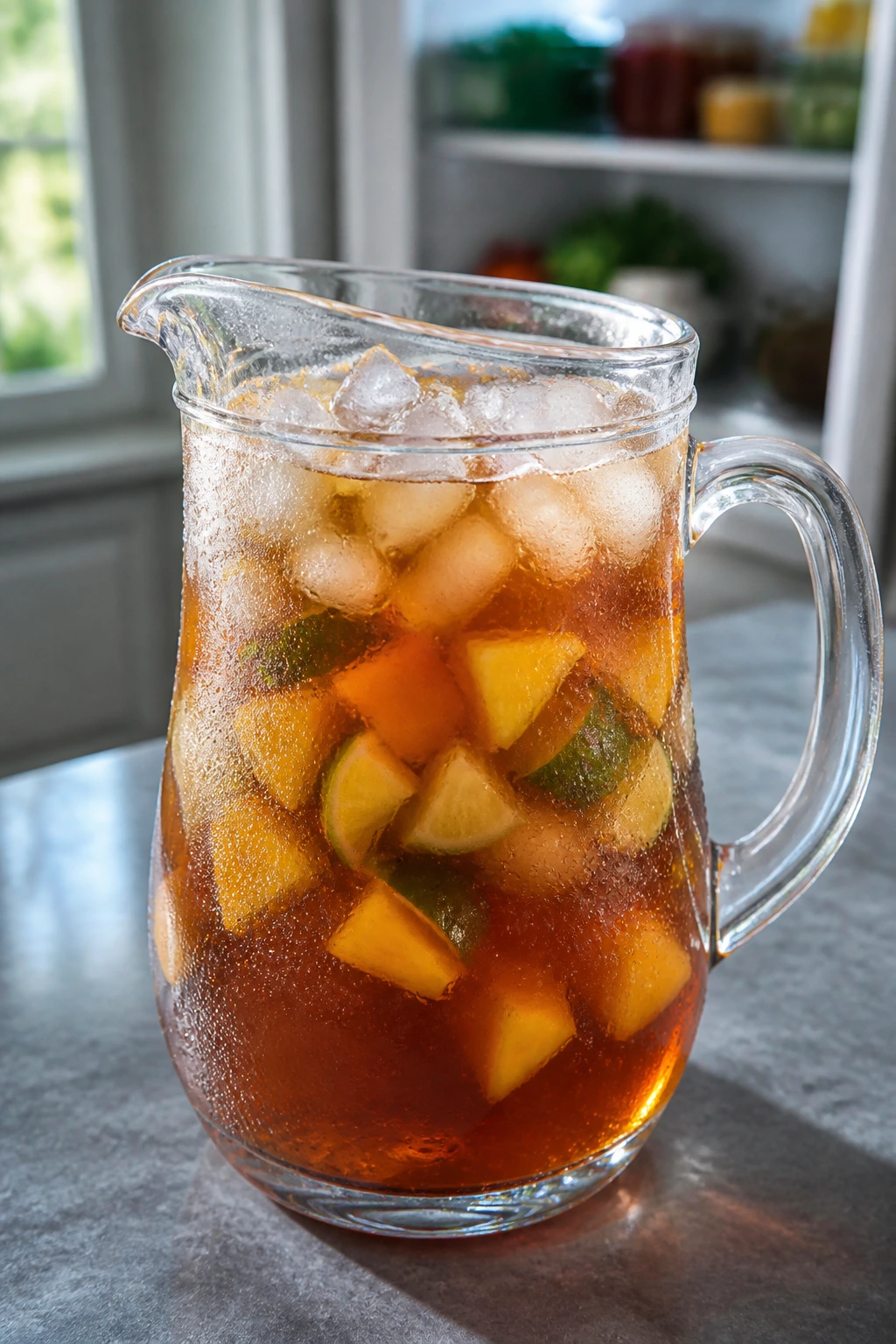 Close-up of a cold tropical iced tea pitcher with condensation on a kitchen counter