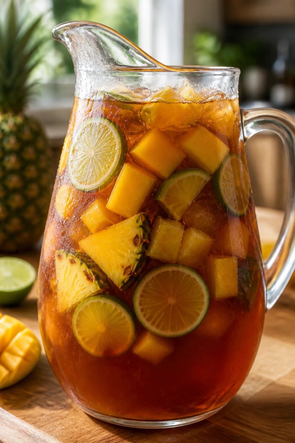 Close-up of glass pitcher with tropical iced tea on a sunlit kitchen counter