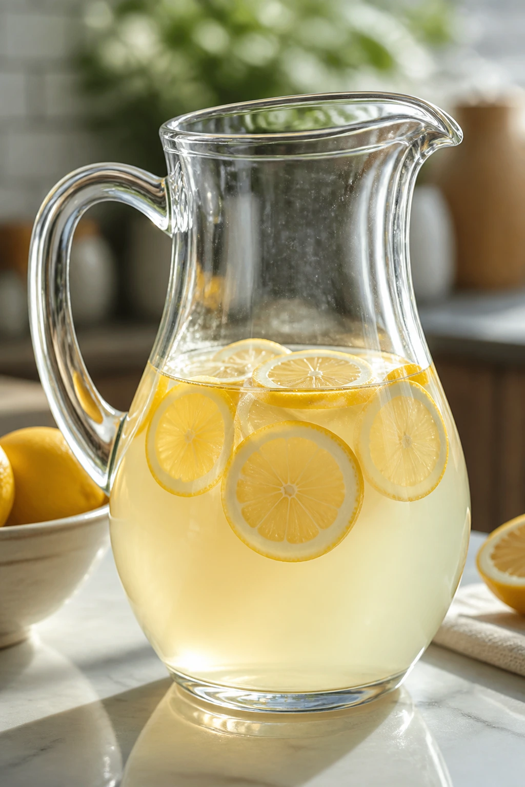 Close-up of a pitcher with water and lemon slices on a kitchen counter