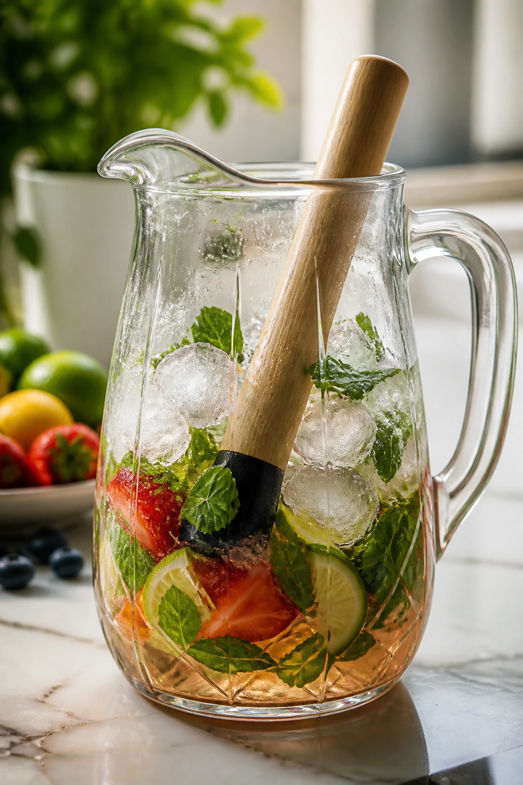 Pitcher with muddler for mojito on kitchen counter