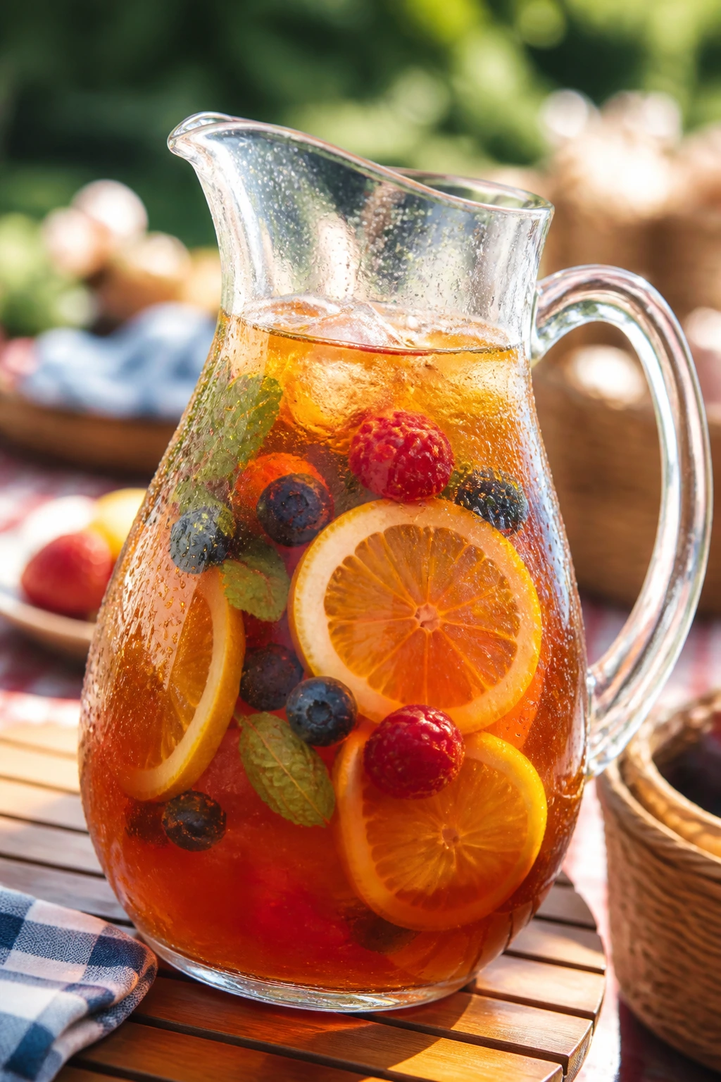 Close-up of a vibrant pitcher with iced fruit tea on a sunny picnic table.