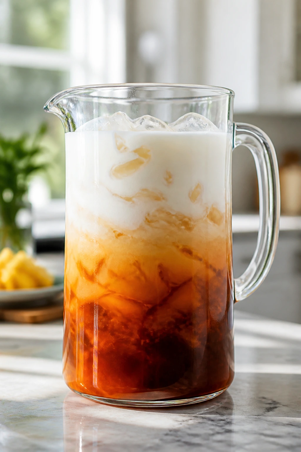 Clear glass pitcher filled with layered Thai tea ready to serve.