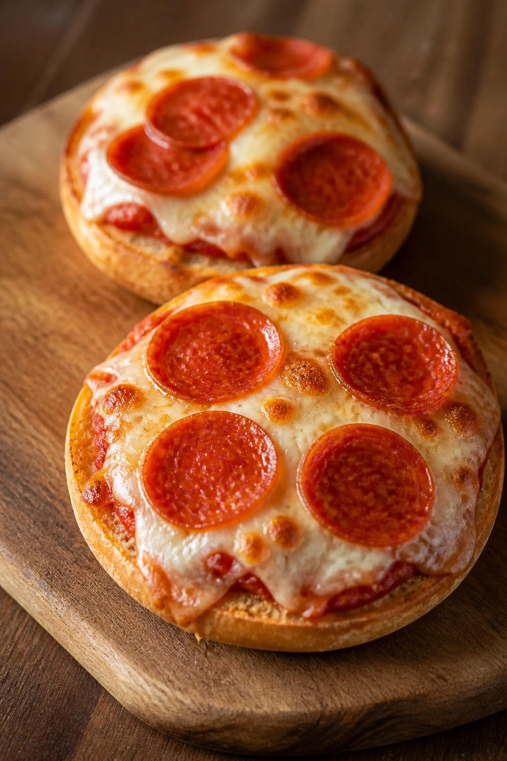 Close-up of a pizza bagel melt on a wooden board with mozzarella and pepperoni