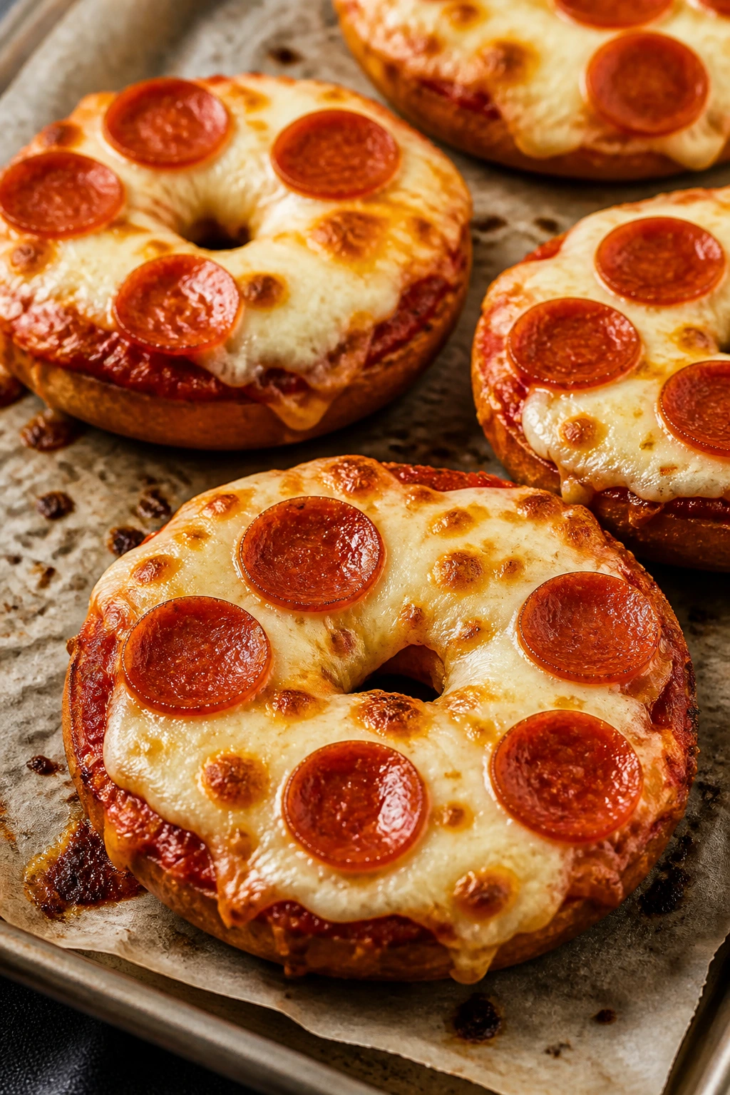 Bagel halves topped with sauce and cheese for pizza bagel melts
