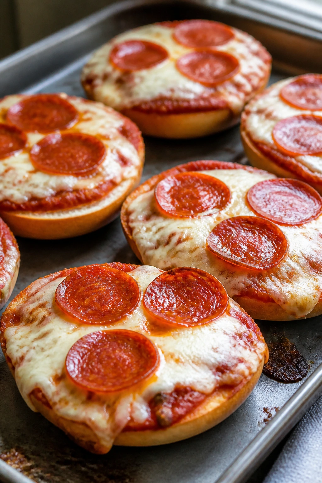Close-up of pizza bagel melts on a baking sheet