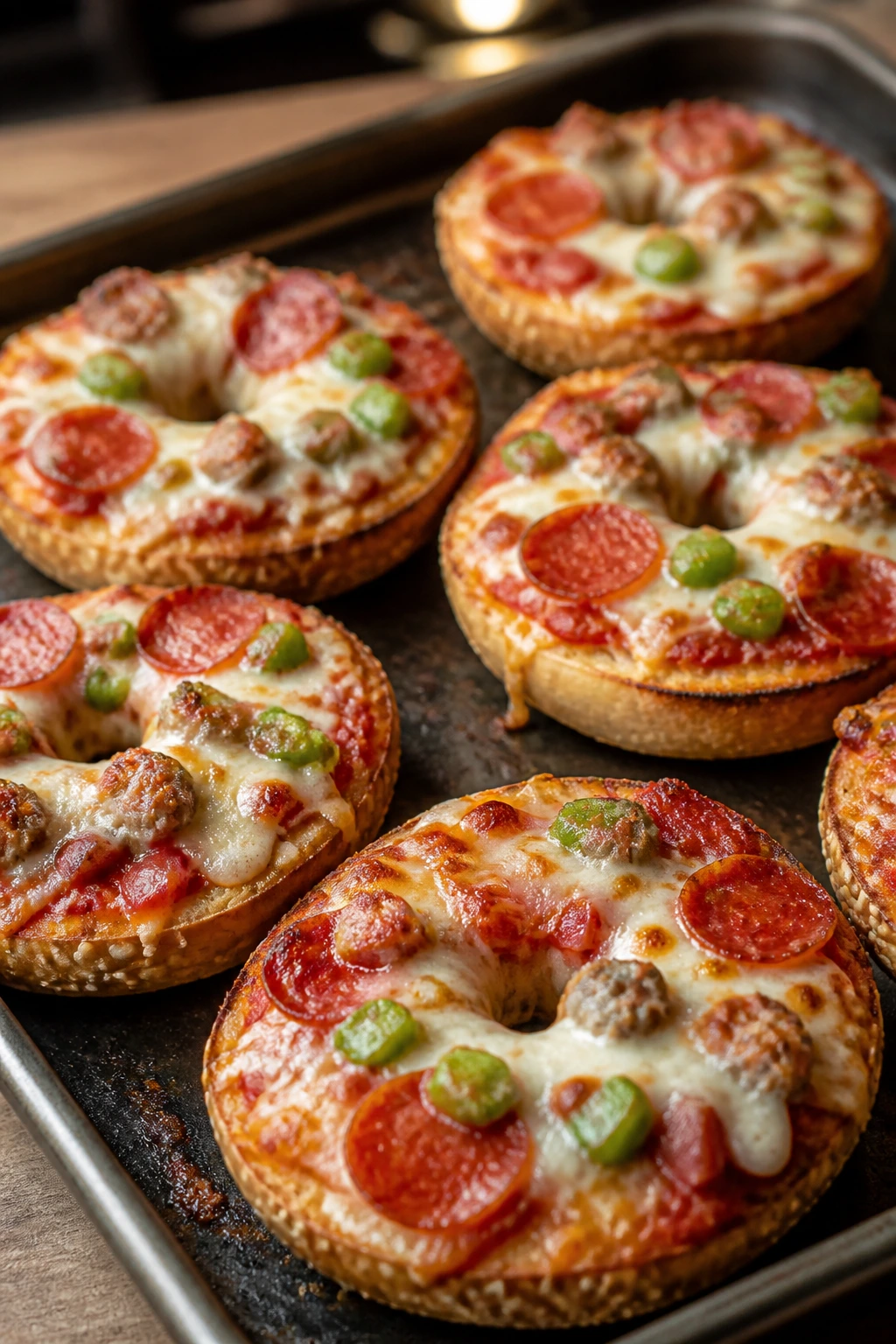 Bagels topped with sauce and cheese fresh from the oven