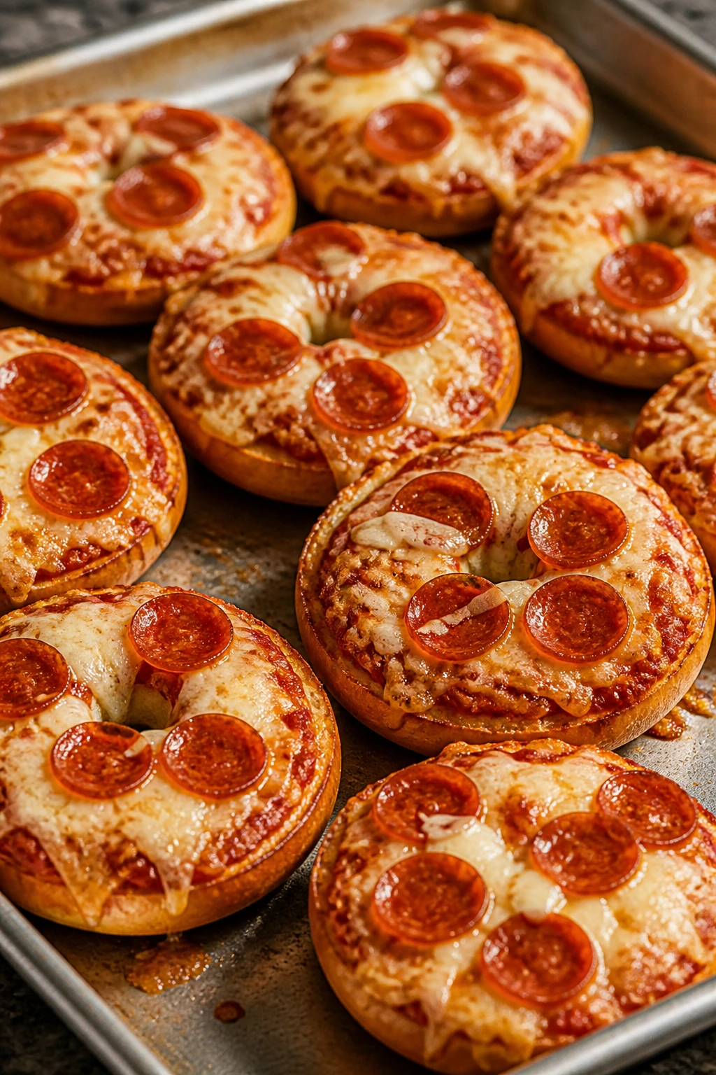 Close-up of pizza bagels with sauce and melted cheese