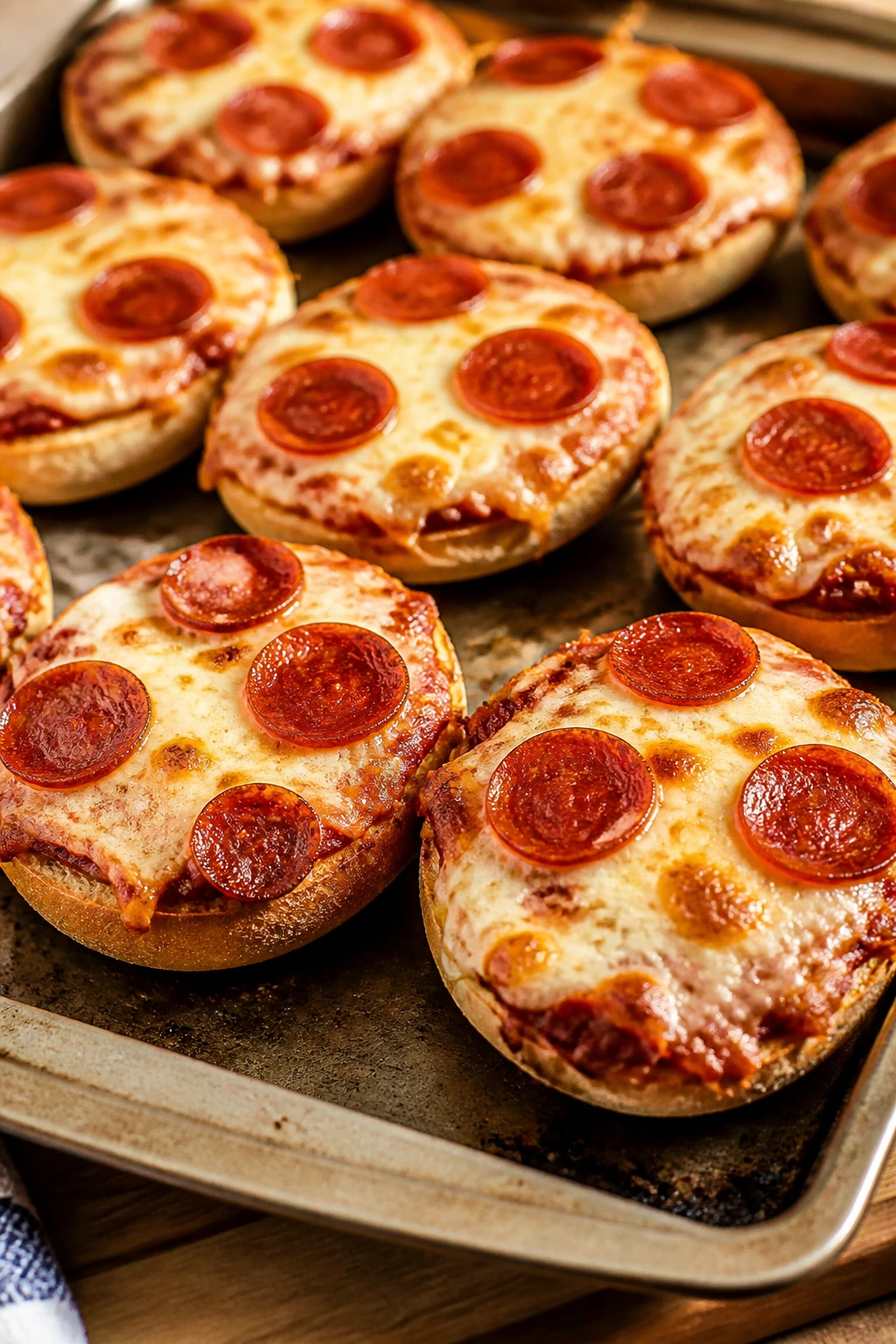 Pizza Bagels on baking sheet with pepperoni and melted cheese.