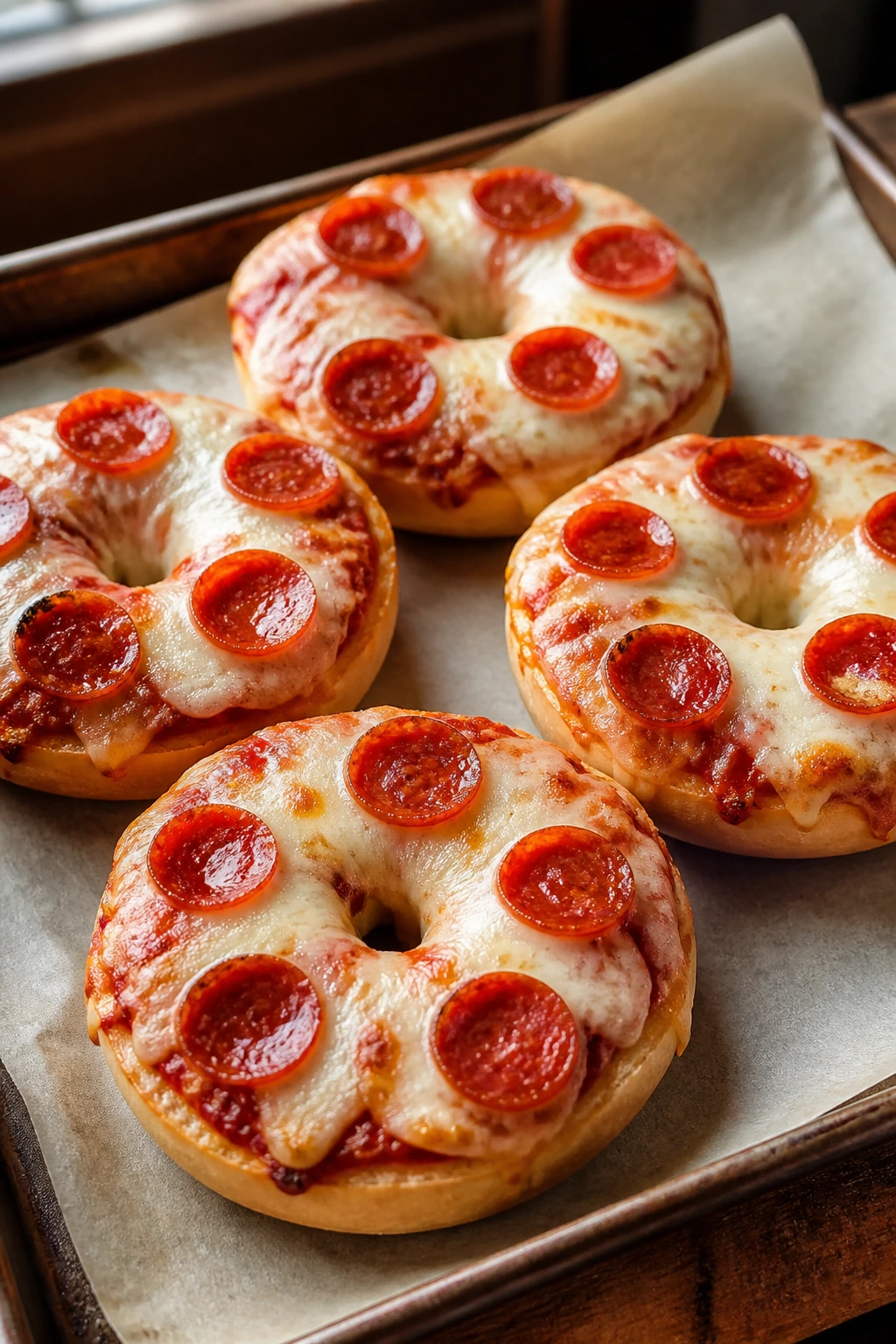Close-up of four mini pizza bagels with sauce, cheese, and pepperoni on a parchment sheet