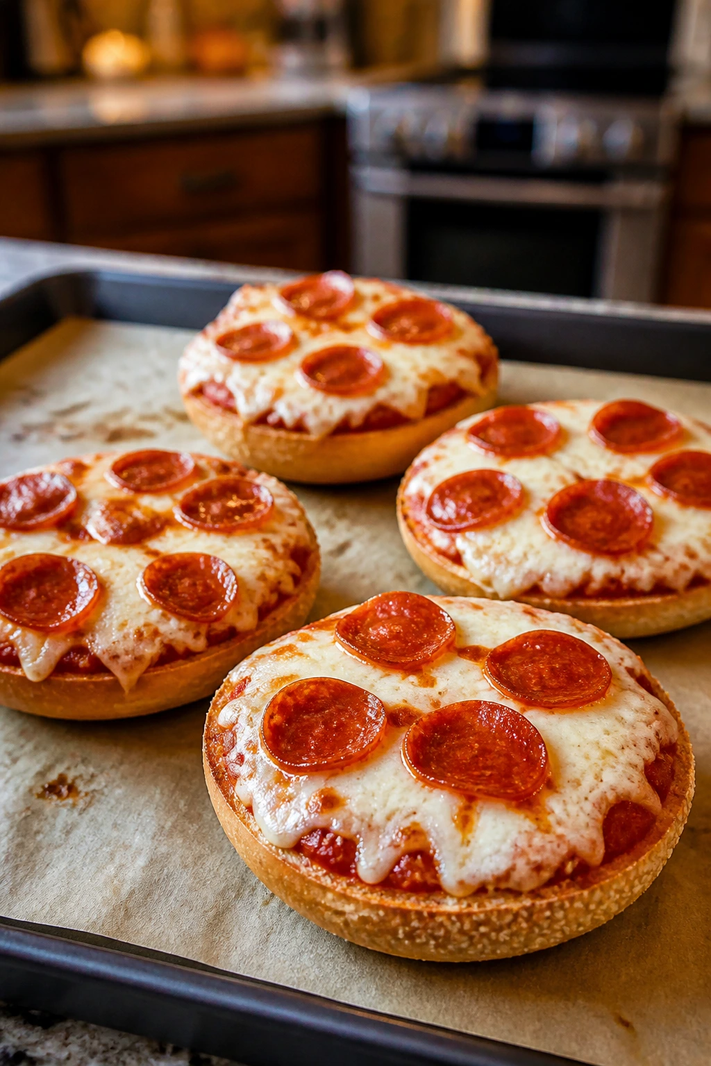 Close-up of four pizza bagels with sauce and cheese on parchment