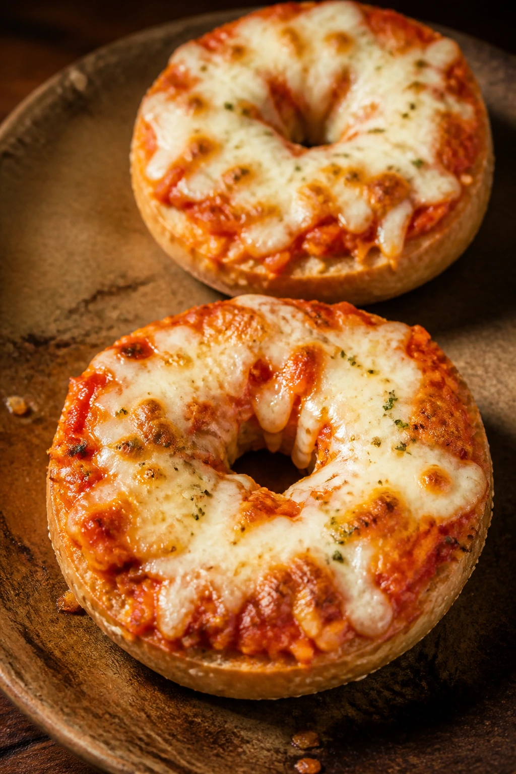 Bagel halves topped with sauce and melted cheese in a warm kitchen.