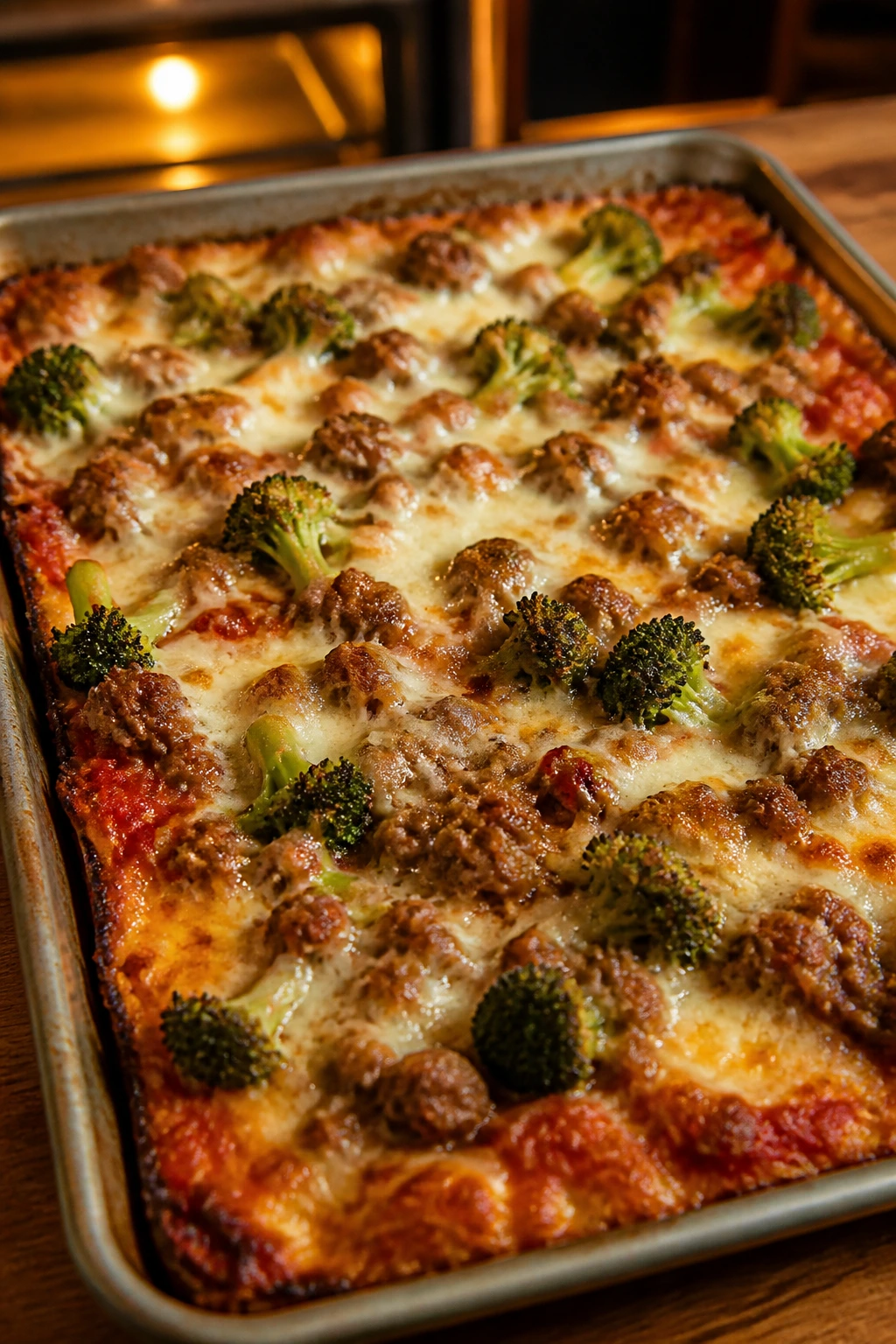 Close-up of hamburger broccoli pizza bake with bubbling cheese