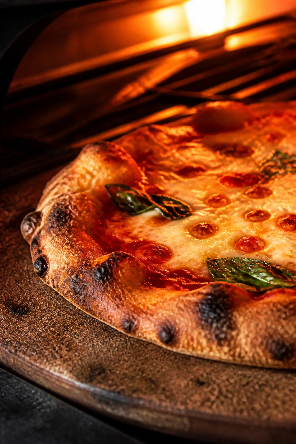 Pizza baking on a hot stone in a home oven with blistered crust