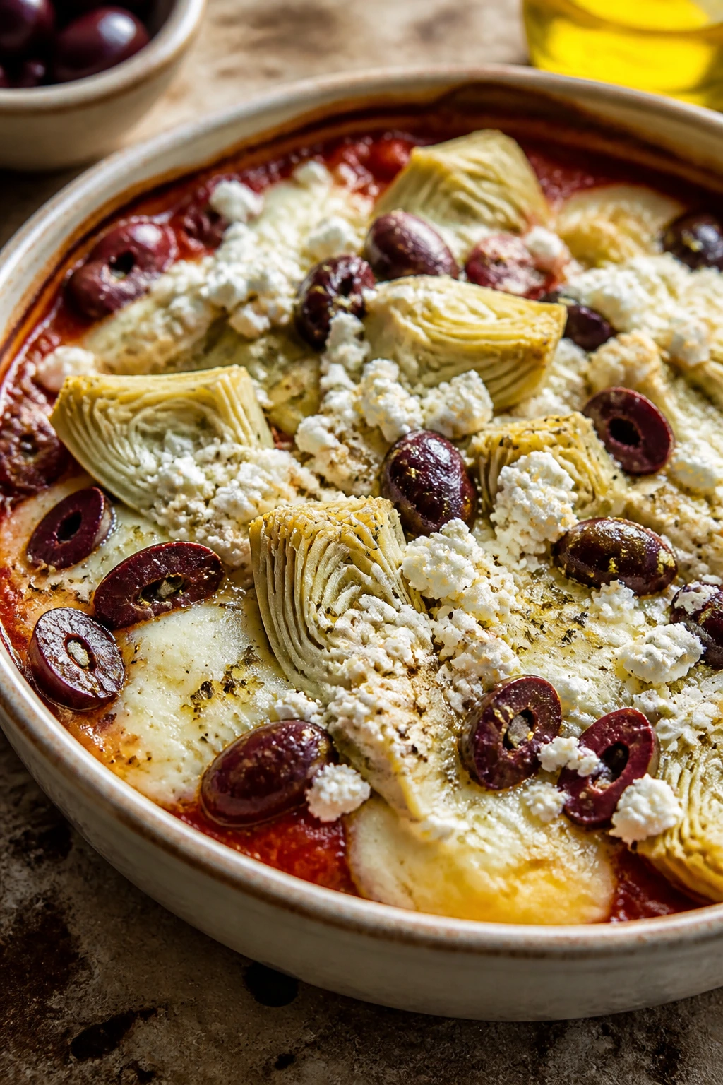Close-up of Artichoke Olive Feta Pizza Bowl in a rustic kitchen